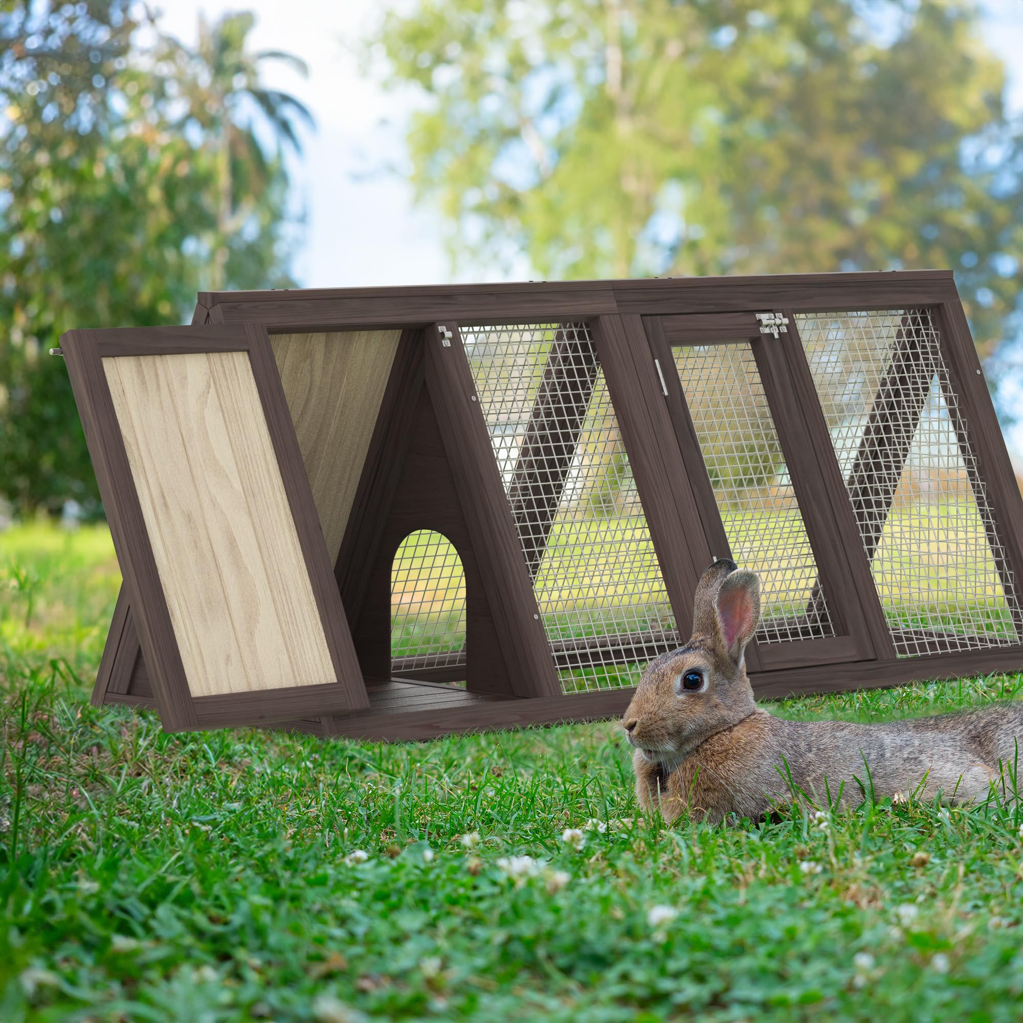 Kaninchenstall Klein Hühnerstall Outdoor A-Rahmen Wachtelkäfig mit 2 Tür & Auslauf Käfig Holz Dreieck Wachtelstall mit Belüftungsdraht Geflügelstall für Kleintiere (Braun)