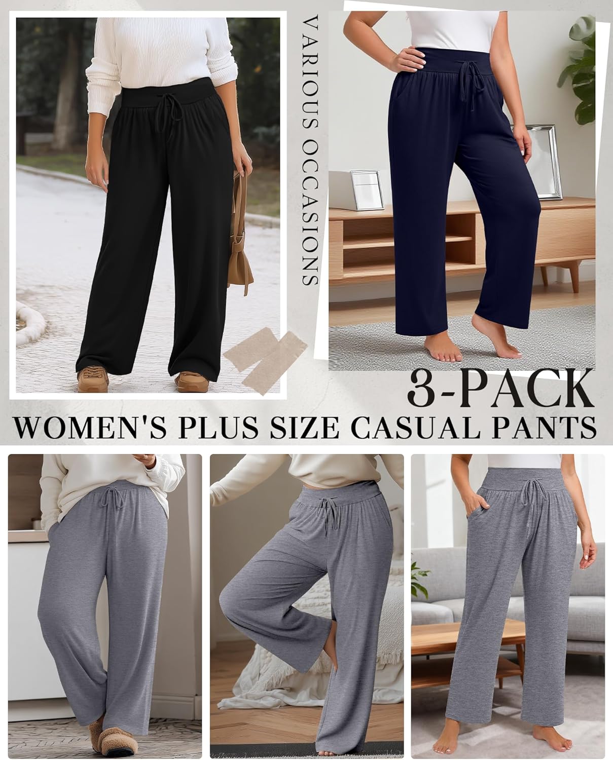 Neer 3 Pack Women's Plus Size Lounge Pants, Wide Leg Yoga Pants Baggy Drawstring Sweatpants with Pockets Casual Loose Jogger - Image 3