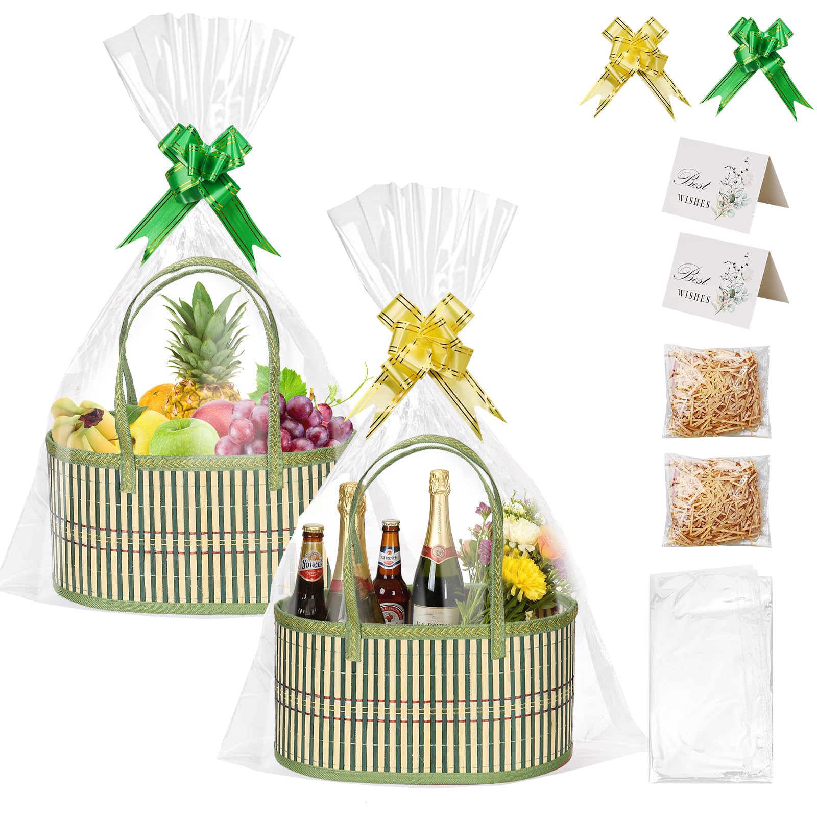 2 Pcs Empty Hamper Basket Gift Baskets Box DIY Gift Hamper Sets with 2 Bags,2 Bows,2 Greeting Card Shredded Paper for Birthday,Easter, Christmas Presents, Graduations, Wedding, Gift Kit -2 Green