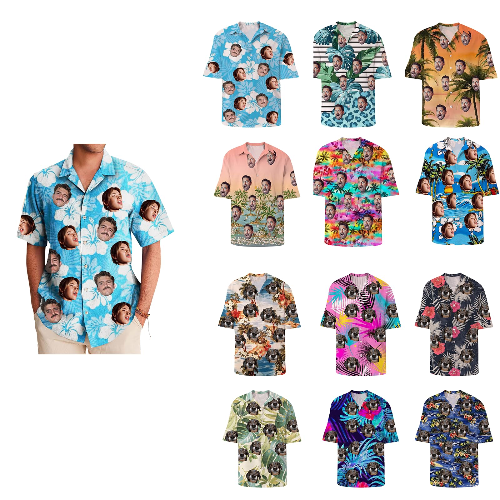 Genérico Camisa Hawaiana Hombre,Personalizada Camisas Hawaianas con Avatares Faciales y De Mascotas,Camisa Casual De Playa Estampada De Verano De Moda,Camisa Hawaiana Personalizada Original,M-4XL