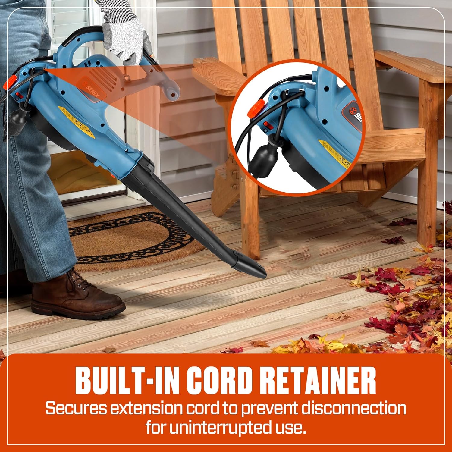 A close-up of a person's hand securing an extension cord to the built-in cord retainer on the SENIX BLVE12-M leaf blower.