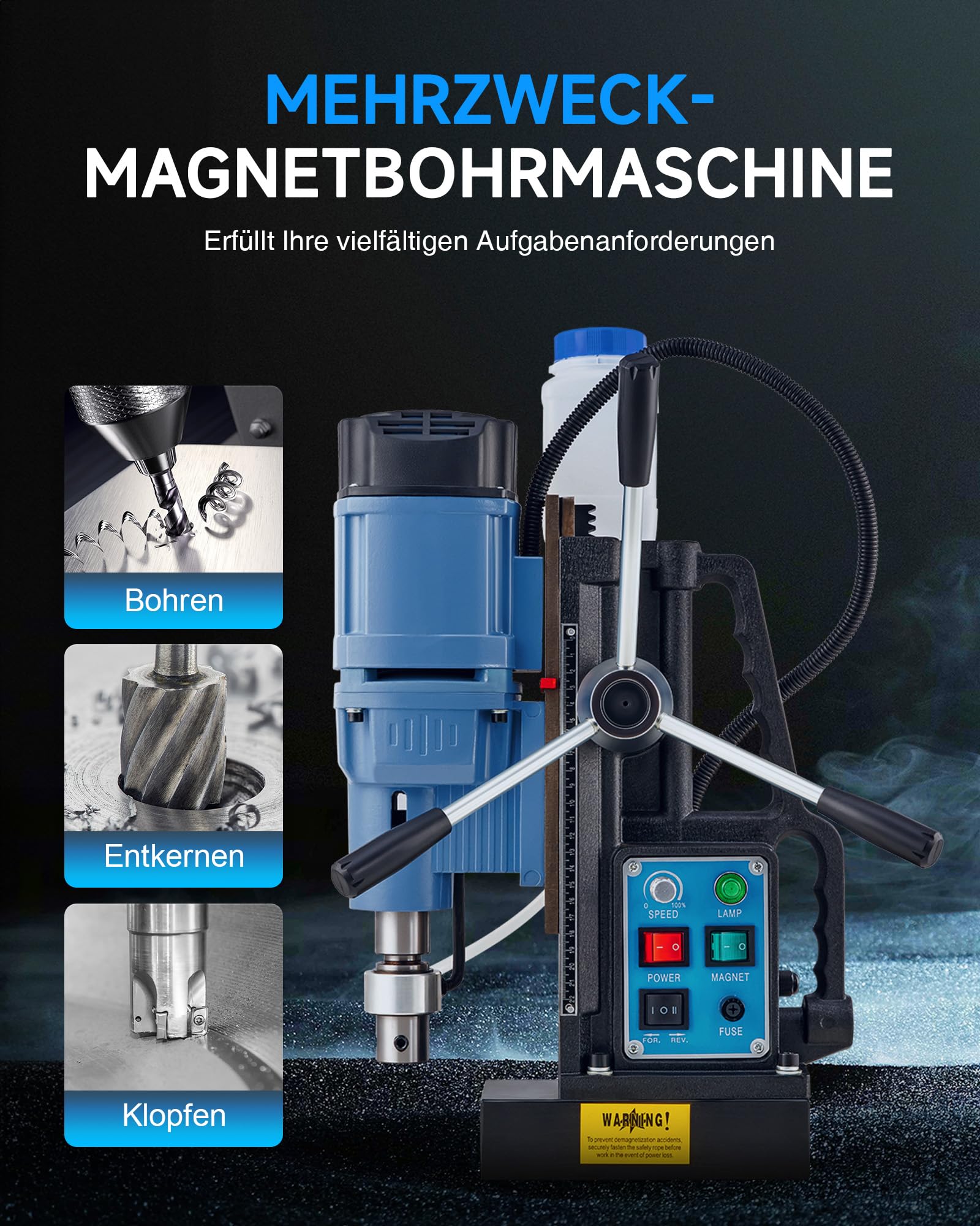 ZELCAN Magnetbohrmaschine, 1550W Standbohrer, 13900N Anpresskraft, 650 U/min, 50mm Bohrtiefe. Lieferung mit 11 HSS-Bohrern 12–27mm und Drehzahlregelung für gewerbliche Metallbearbeitung