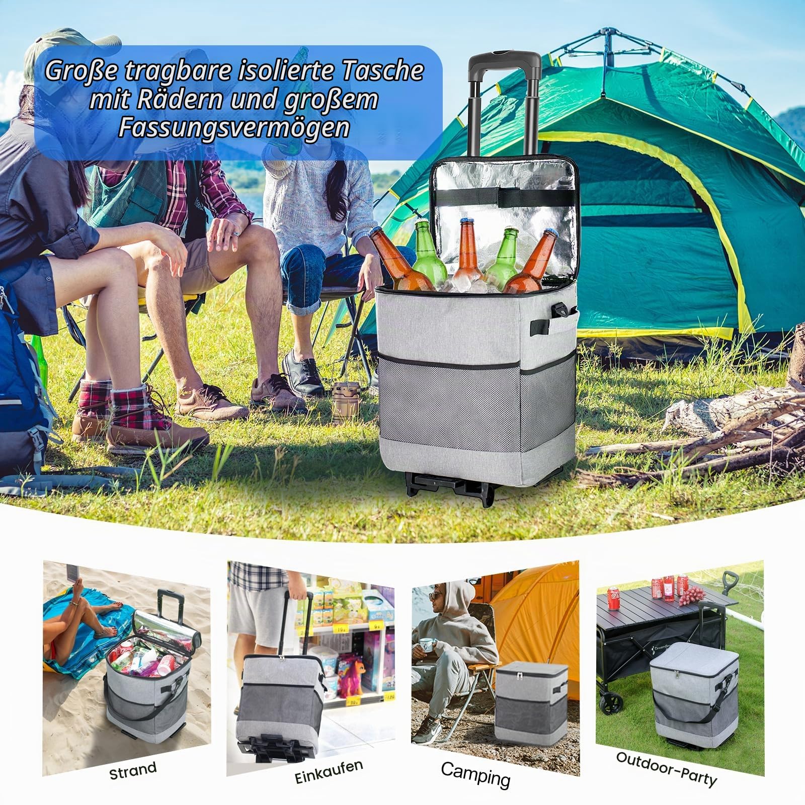 ZHJINGYU Kühlbox mit Rollen mit Picknicktasche & Kühltasche groß - 40L Kühlbox Faltbar mit Räder | bis zu 20h Kühldauer für Picknick Camping Strand BBQ | Großer Kühlwagen für 60 Dosen mit verstellbaren Rädern, tragbare Thermotasche für Reisen, Strand, Cam