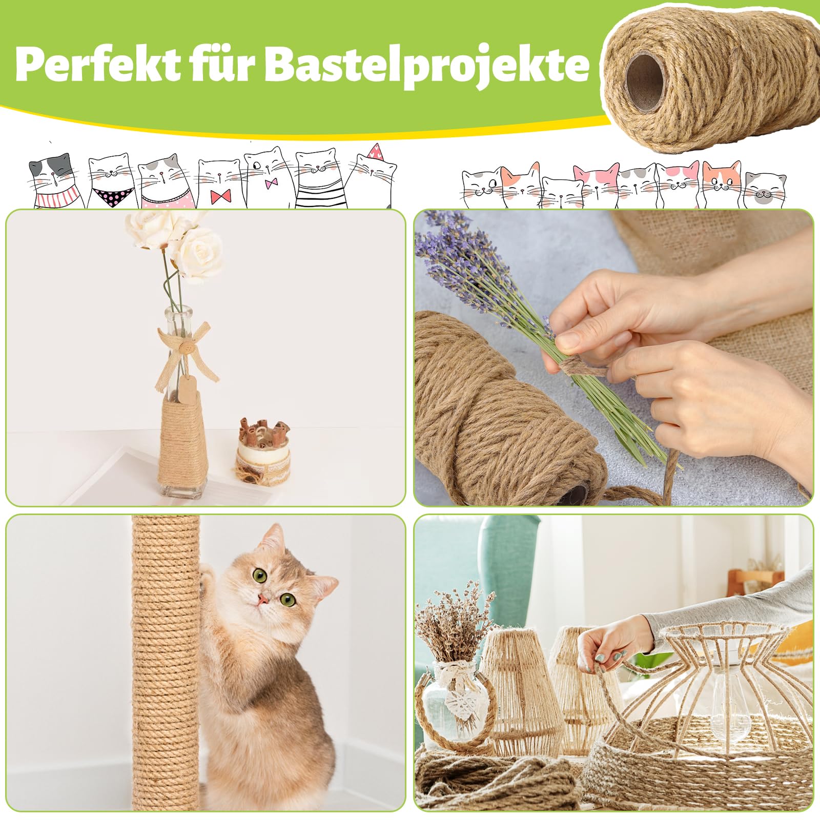 Sisalseil für Kratzbaum, 9MM X 30M Natur Sisalseil, Sisal Katzenbaum Schnur inkl. 3 Katzenspielzeug, Kratzsaule Sisal Seil für Katzen, Kratzbaum, Kratzseil, Haushalt, DIY, Garten, Dekoration