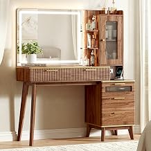 Arulvmrn Vanity Desk with 29.53" HD Lighted Mirror, 47.24" Big Modern Vanity Desk with Mirror and Lights, Makeup Vanity with 5 Drawers and Storage Shelves and Charging Station,Chestnut