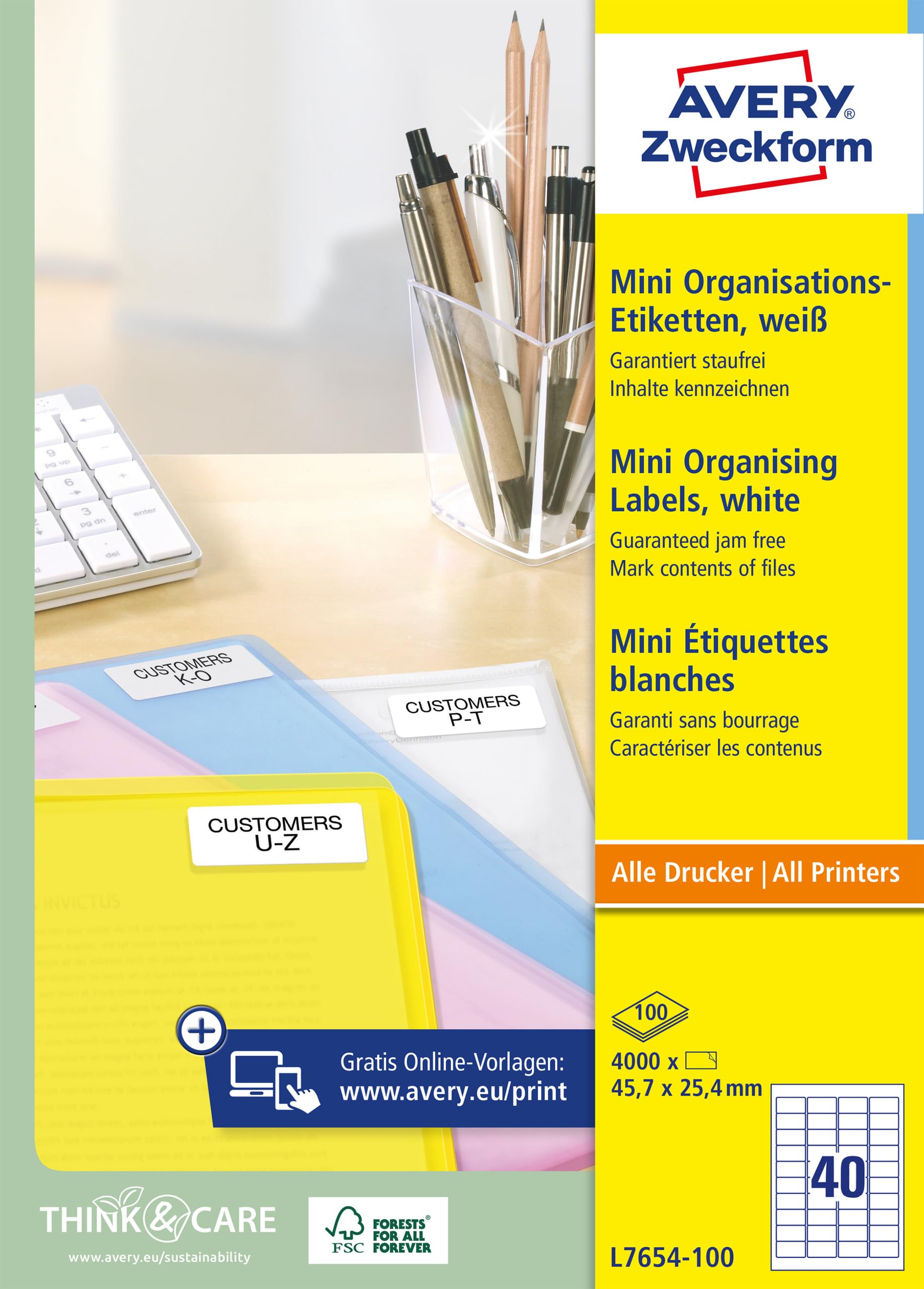 AVERY Zweckform L7654-100 mini Organisationsetiketten (4.000 Aufkleber, 45,7x24,4mm auf A4, selbstklebende Vielzweck-Etiketten, bedruckbar, Klebeetiketten zum Organisieren/Kennzeichnen) 100 Blatt