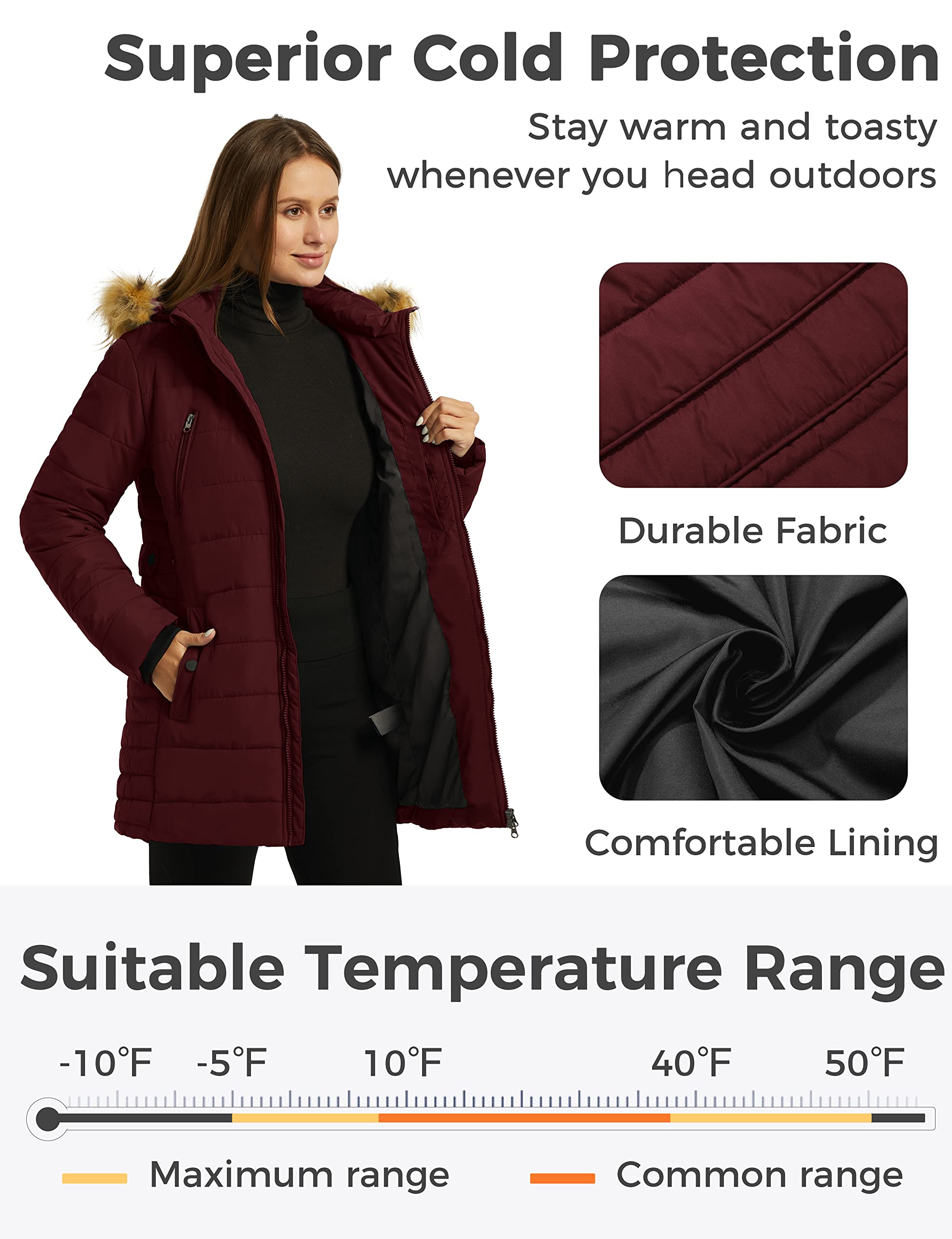 Wantdo Cappotto Caldo Invernale Giacca Media Lunga Antivento Parka con Cappuccio Staccabile in Pelliccia Giubbotto Slim Fit Idrorepellente Donna