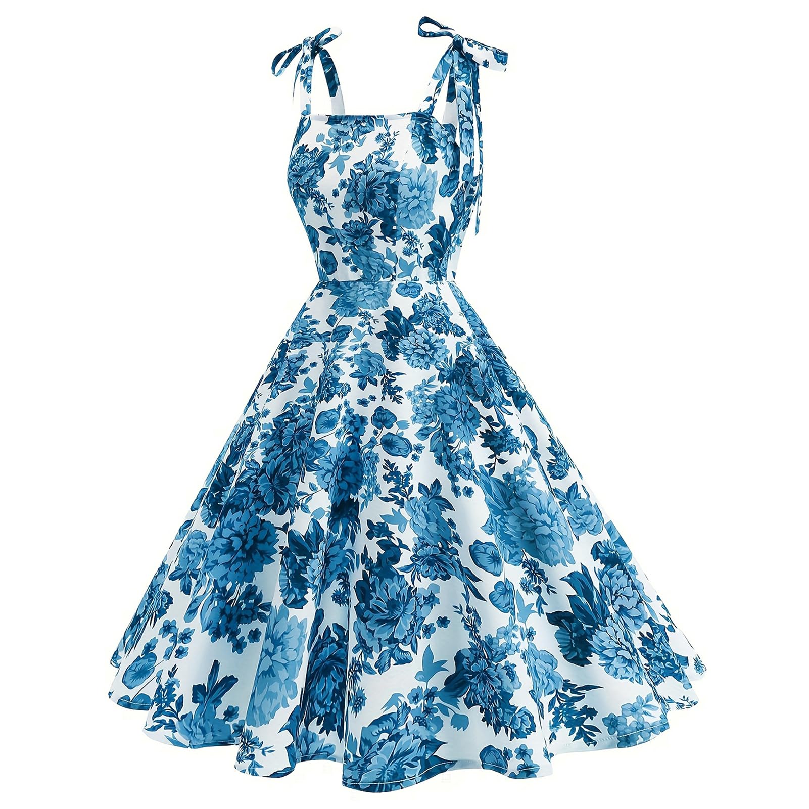 Odizli Robe d'été élégante rockabilly vintage années 50 - Bretelles spaghetti - Fleurs - Ligne A - Swing - Longueur genou