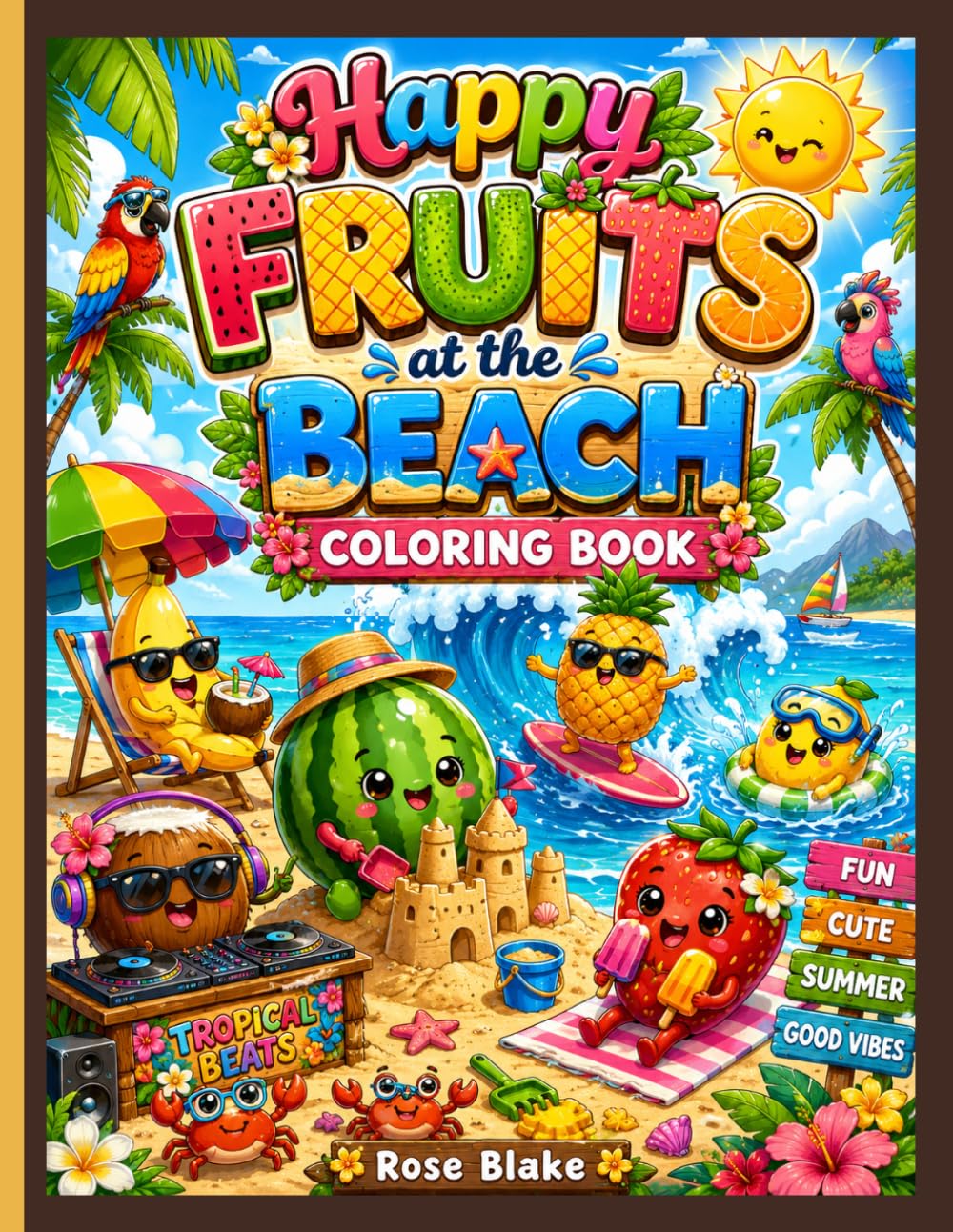 Happy Fruits at the Beach Coloring Book: Fun Summer Vacation Coloring Pages with Kawaii Fruits, Surfing, Sandcastles, and Tropical Fun for Kids Ages 3–7 (FUNNY FRUITS ADVENTURES!!!)