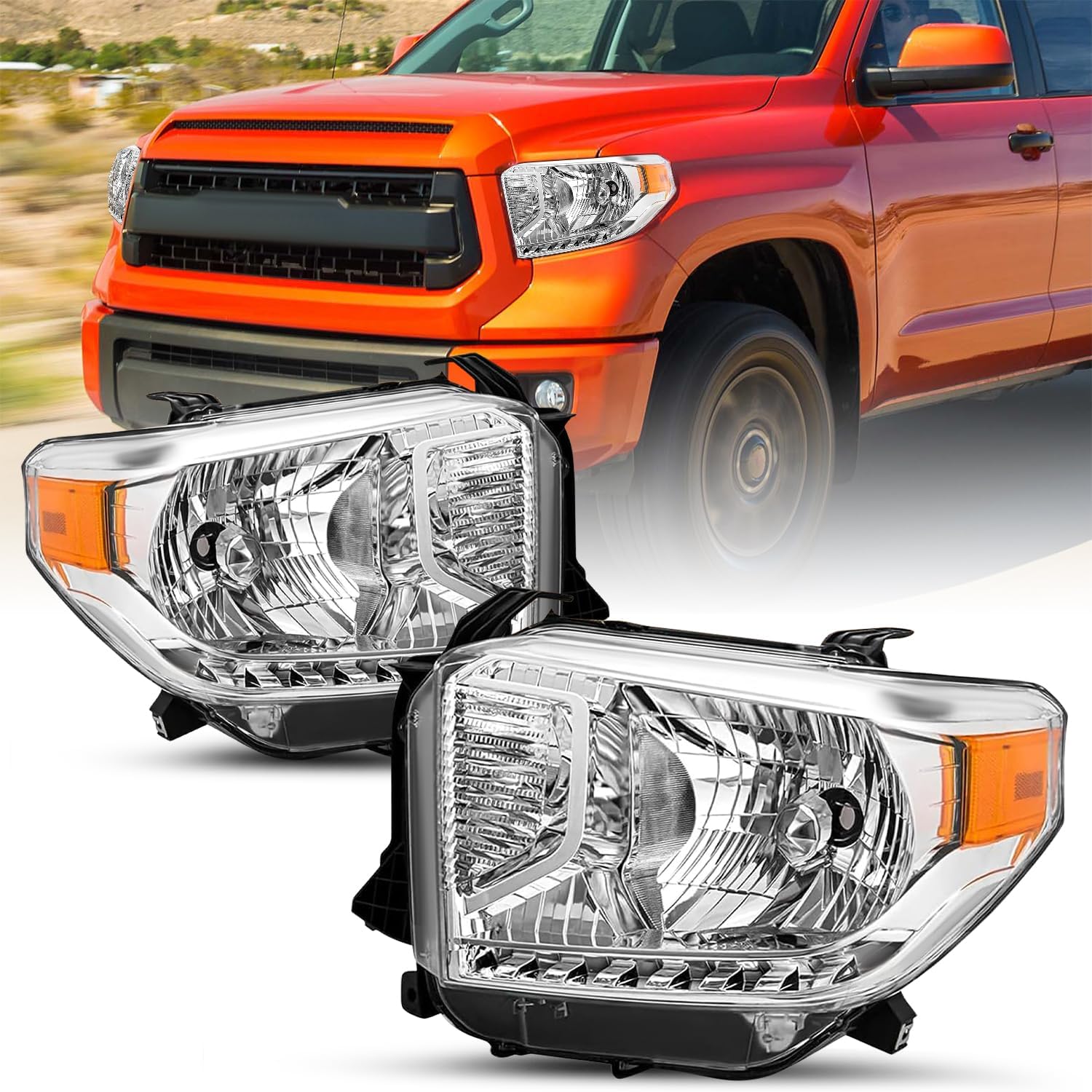 JSBOYAT Headlight Assembly Pair for 2014–2017 Toyota Tundra (Halogen Chrome Housing)