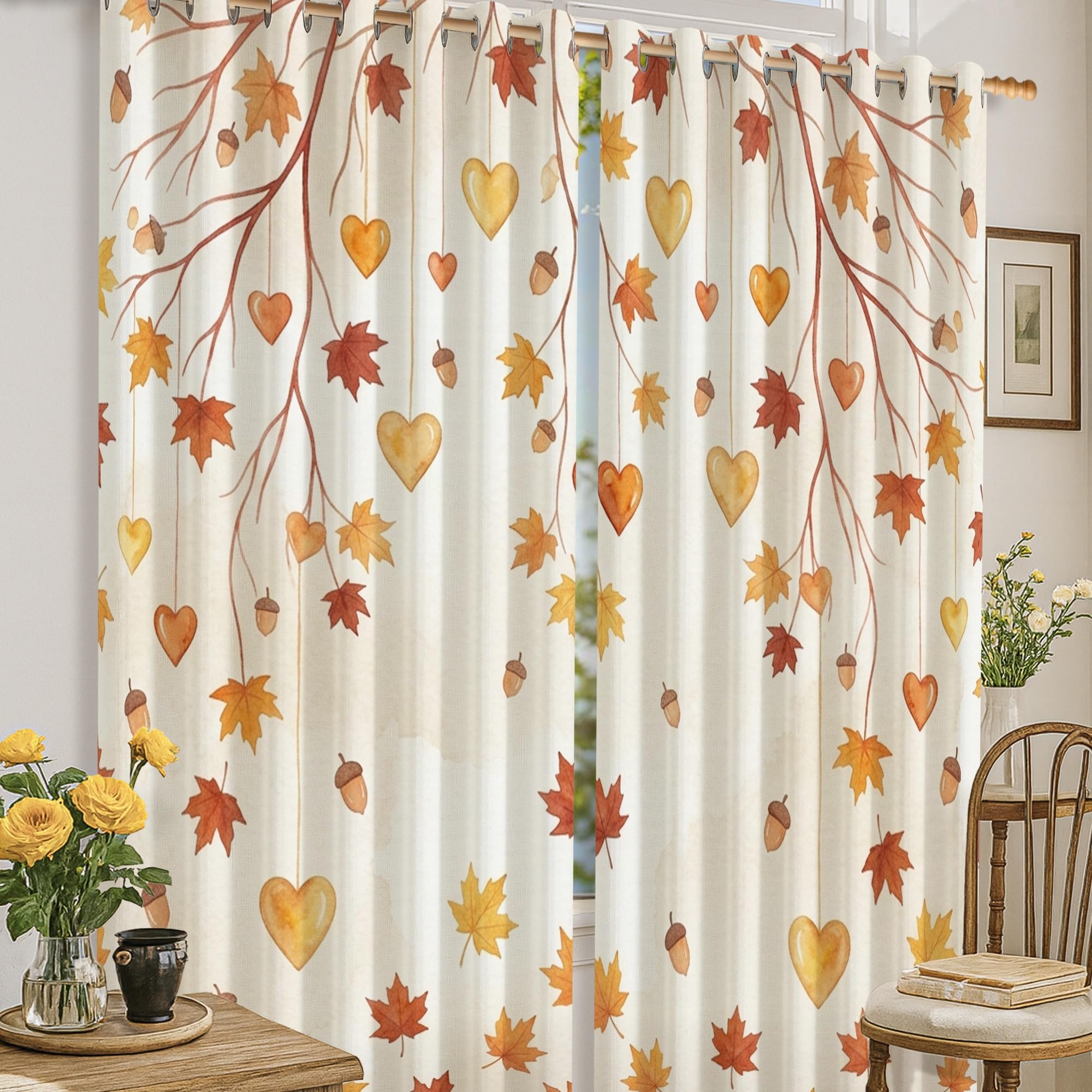Rideaux occultants anti-lumière lavables avec motifs feuilles orange pour fenêtres