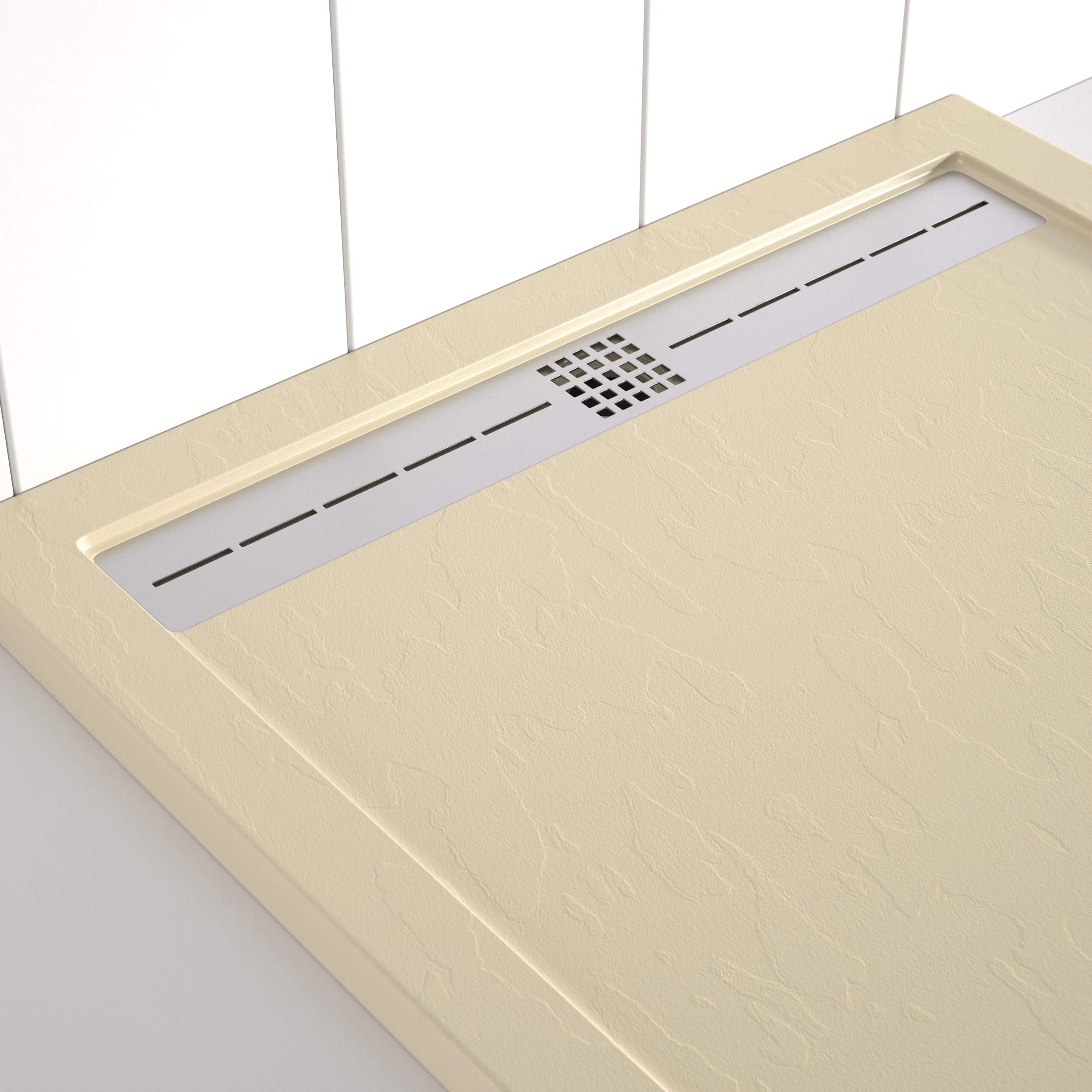 Plato de ducha resina FLOW desagüe lineal frontal color Crema 120x90 textura pizarra antideslizante rejilla extraplana integrada. Incluye válvula de desagüe