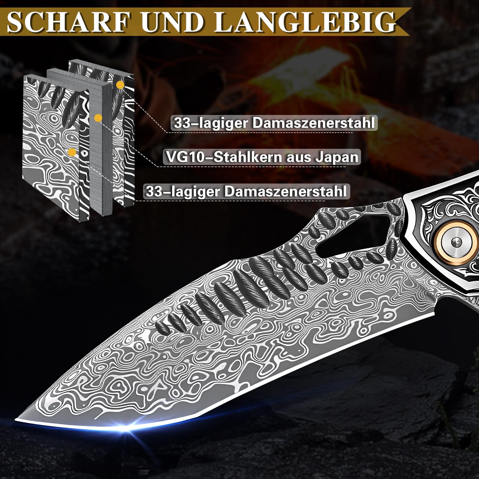 Handgefertigtes Klappmesser aus Damaszenerstahl, 8" EDC-Taschenmesser für Herren, inklusive Lederscheide und Taschenclip, Griff aus Ahornholz mit Harzbeschichtung – ein EDC-Messer, das sich ideal für