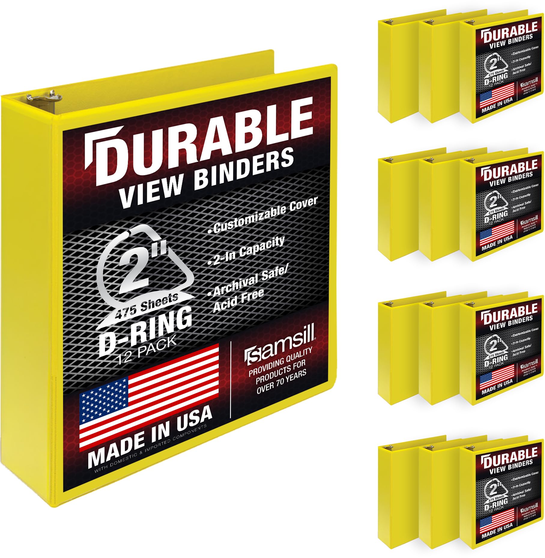 Samsill Durable 2 inch 3 Ring Binder, D Ring Binder, 100% Recycled Chipboard, Yellow, 12 Pack