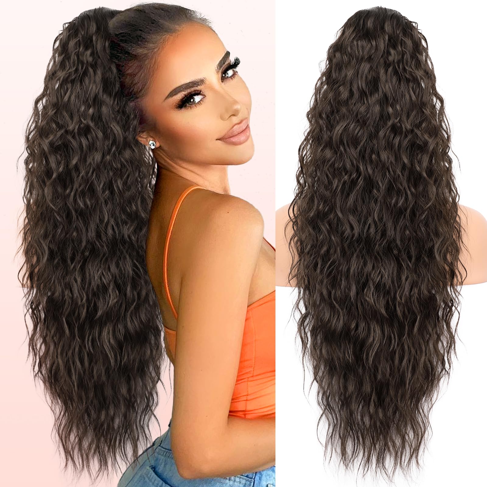 Ponytail Extension 30 Inch Drawstring Pony Tails Hair Extensions for Women Long Curly Ponytail Synthetic Hairpieces for Daily Use（6#-Dark Brown）
