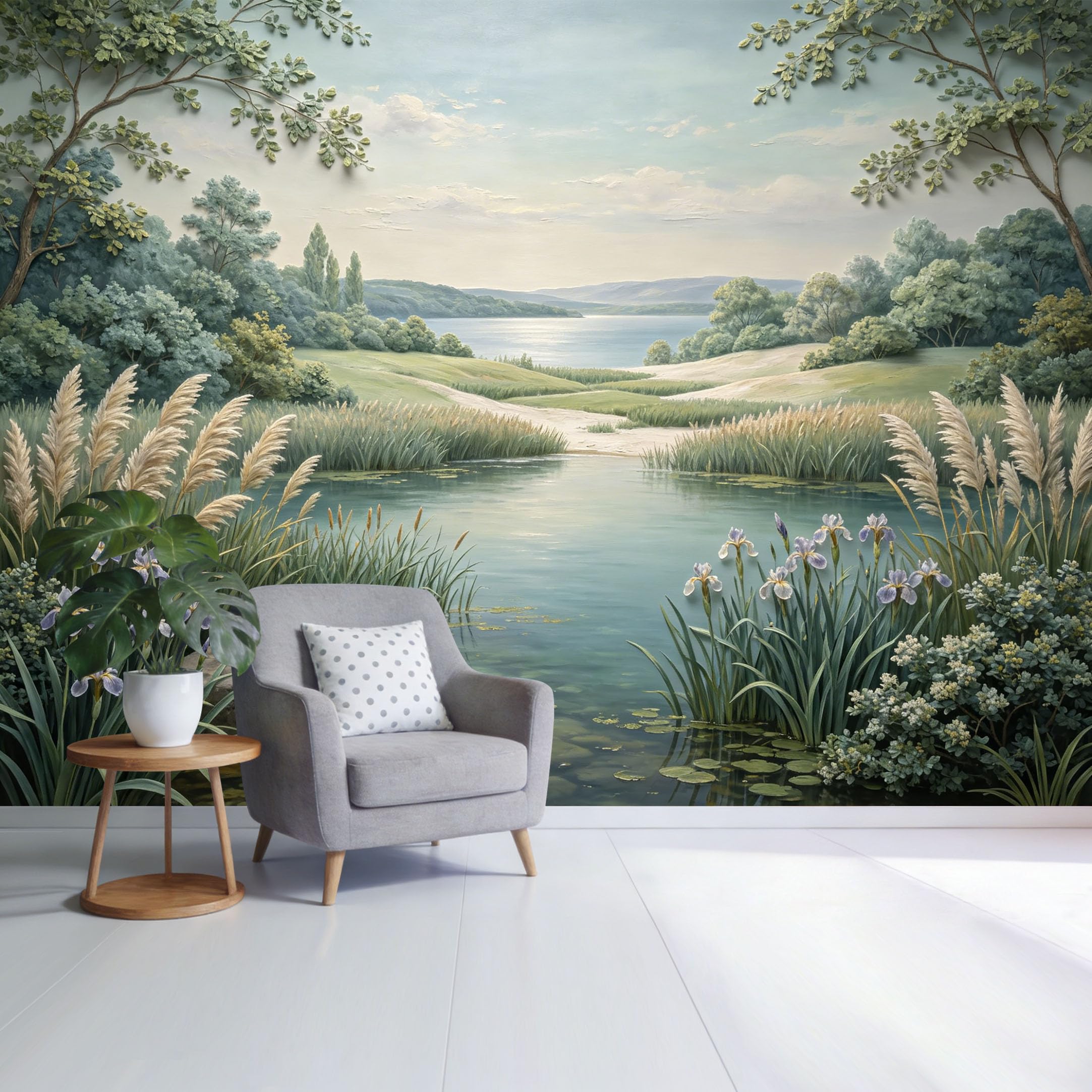 Custom Size Wall Mural Serene Lake Landscape with Trees Reeds and Wildflowers SelfAdhesive Wall Fabric Removable Wallpaper for Home Office Decor