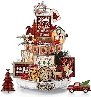 Shellwei 24 Pcs Christmas Tiered Tray Decor Wood Rustic Christmas Decora...