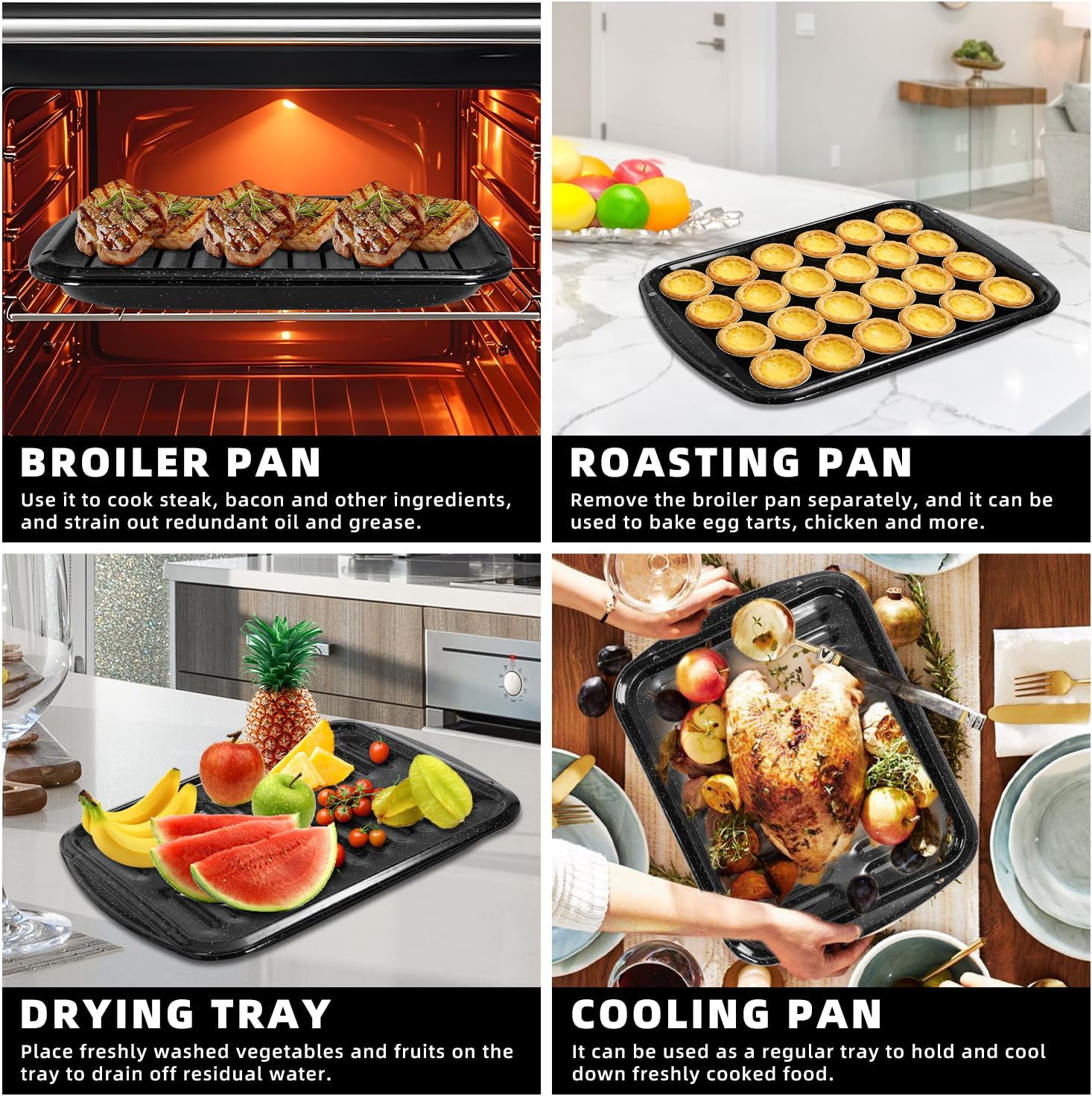 16.7" Broiler Pan for Oven with Rack, Porcelain Enamel Roasting Pan Set, Nonstick Broiling Pan for Oven,Heavy Duty Grill Pan & Drip Tray for Baking, Grilling & Roasting Bacon, Steak, Meats