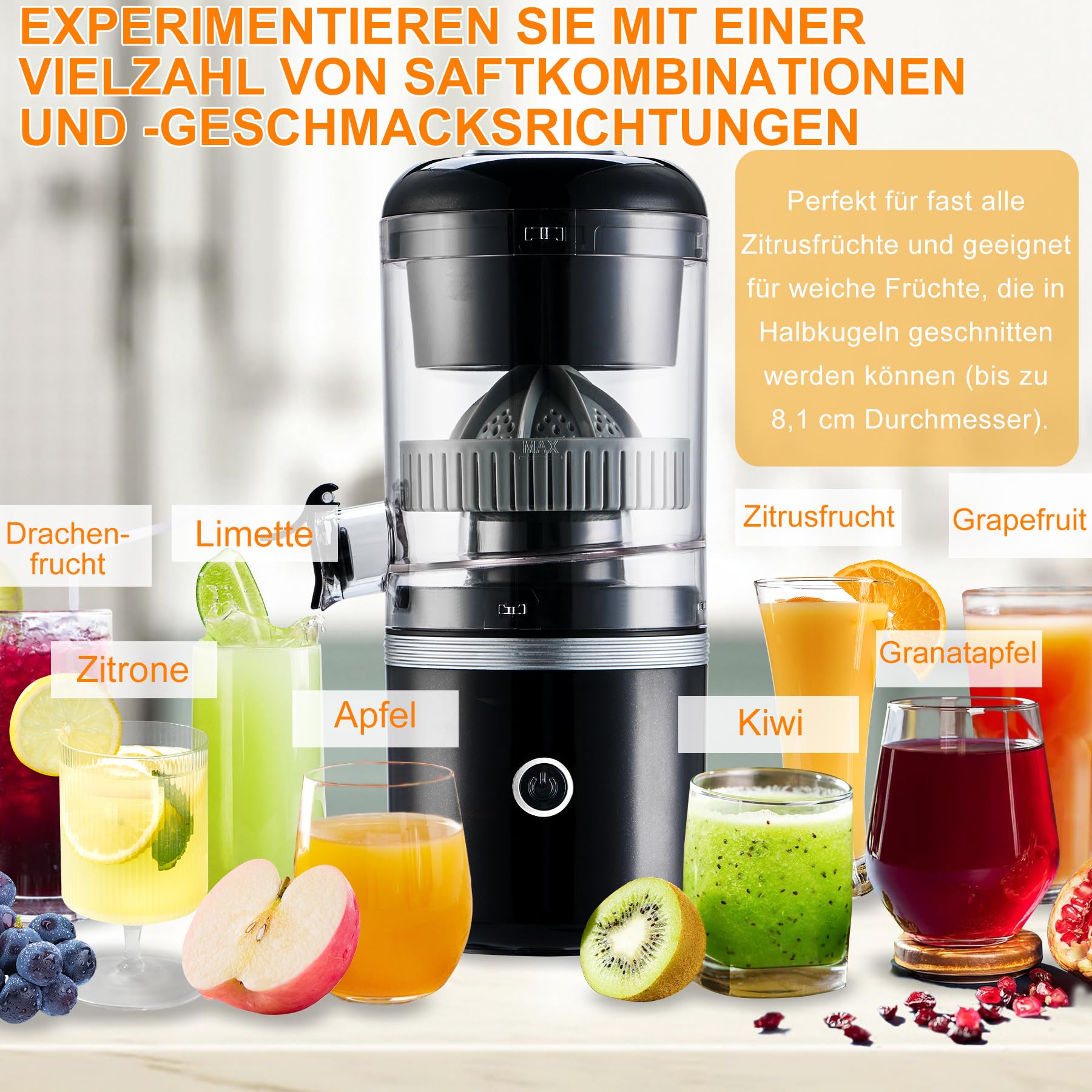 MAISON HUIS Zitruspresse Elektrisch Saftpresse Orangenpresse Zitronenpresse Tragbare USB-Aufladung Juicer Entsafter für Orange, Zitronen, Grapefruits, Zitrusfrüchte (Schwarz)