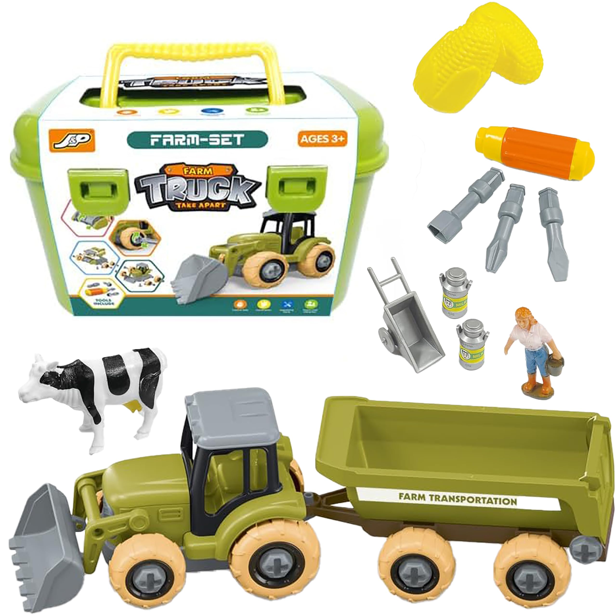 Bambibo 13 in 1 DIY Assembly Tractor Toy Set - Toddler Tractors, Green Tractor and Wagon Set, Vintage Toy Tractors, Cattle Truck and Trailer Toys