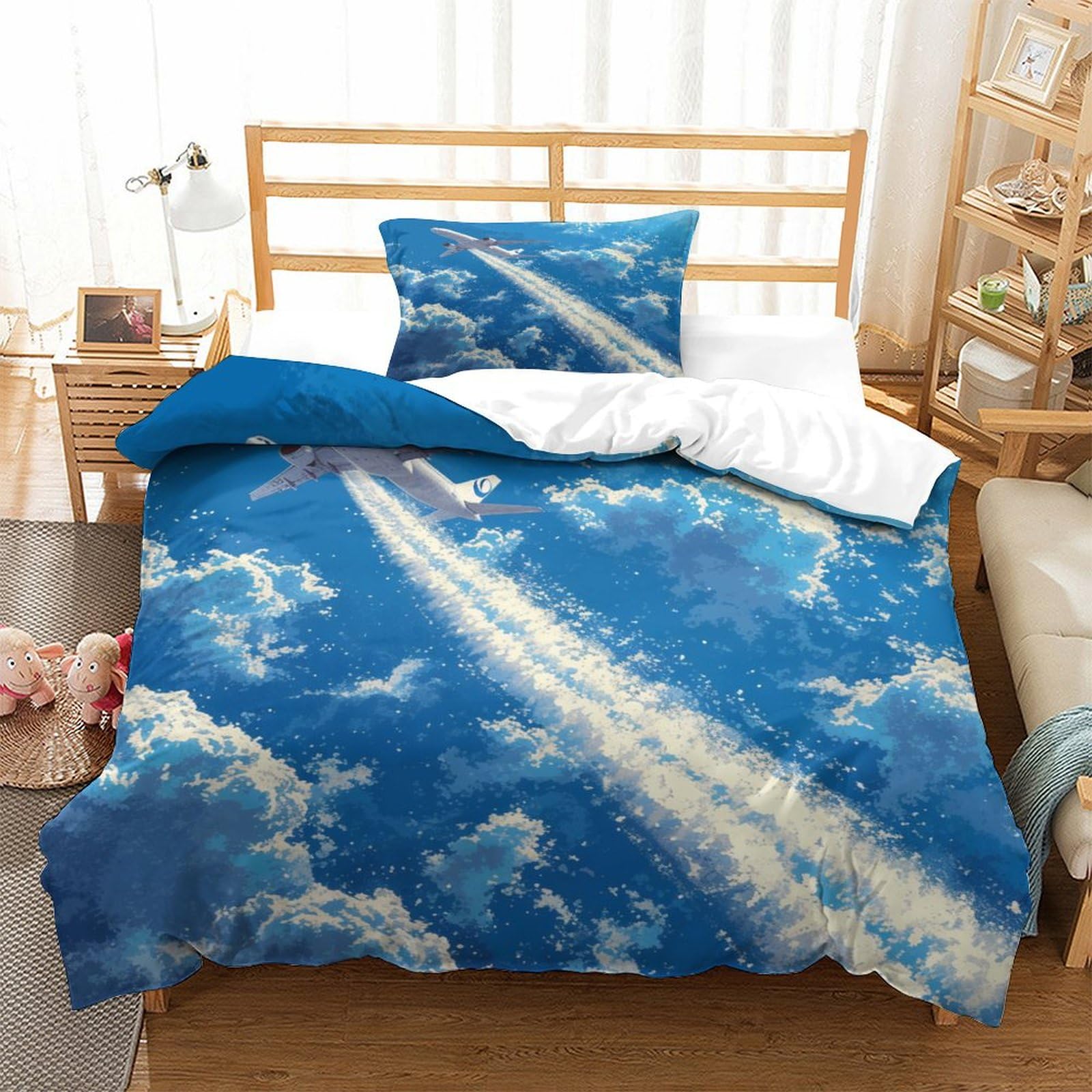 P1s9u7w5y Aircraft-2 Sky Clouds 3D Printed Duvet Cover Set 3Pcs Microfiber Contrail Bedding Set Single（135X200cm）