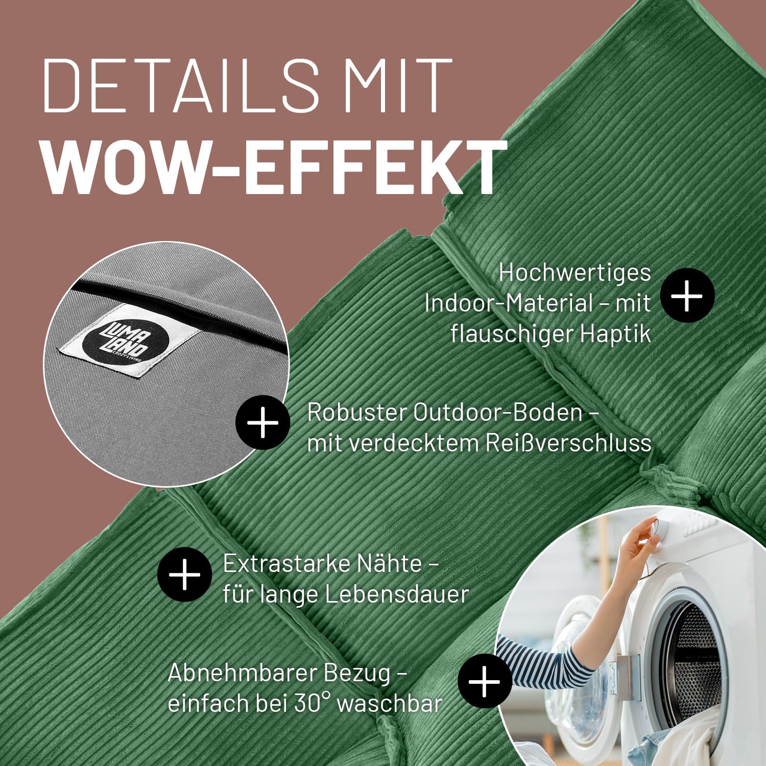LUMALAND Modular Sitzsack Mitte Cord 200 L für Modulares Sofa | ideales Match mit Sessel & Pouf | EPS Perlen Bean Bag mit Füllung | Indoor Lounge Sitzkissen waschbar für Wohnzimmer, Schlafzimmer & Co.