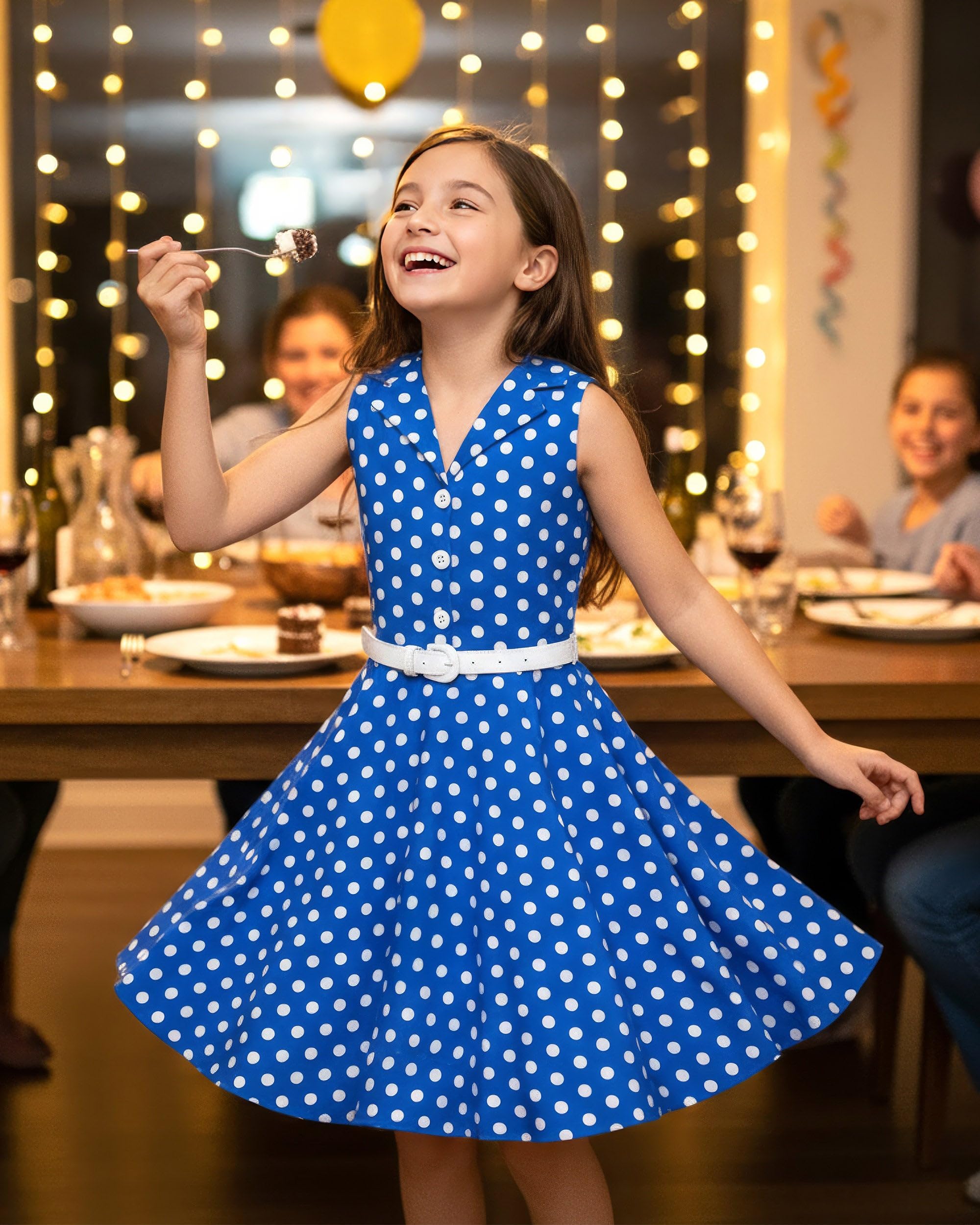 BlackButterfly Mädchen Kleid Holly Punkte | Tellerrock, Ärmellos, Bubikragen, Knopfleiste, Gefüttert, Abnehmbarer Gürtel, Zum Drehen, 3-14 Jahre