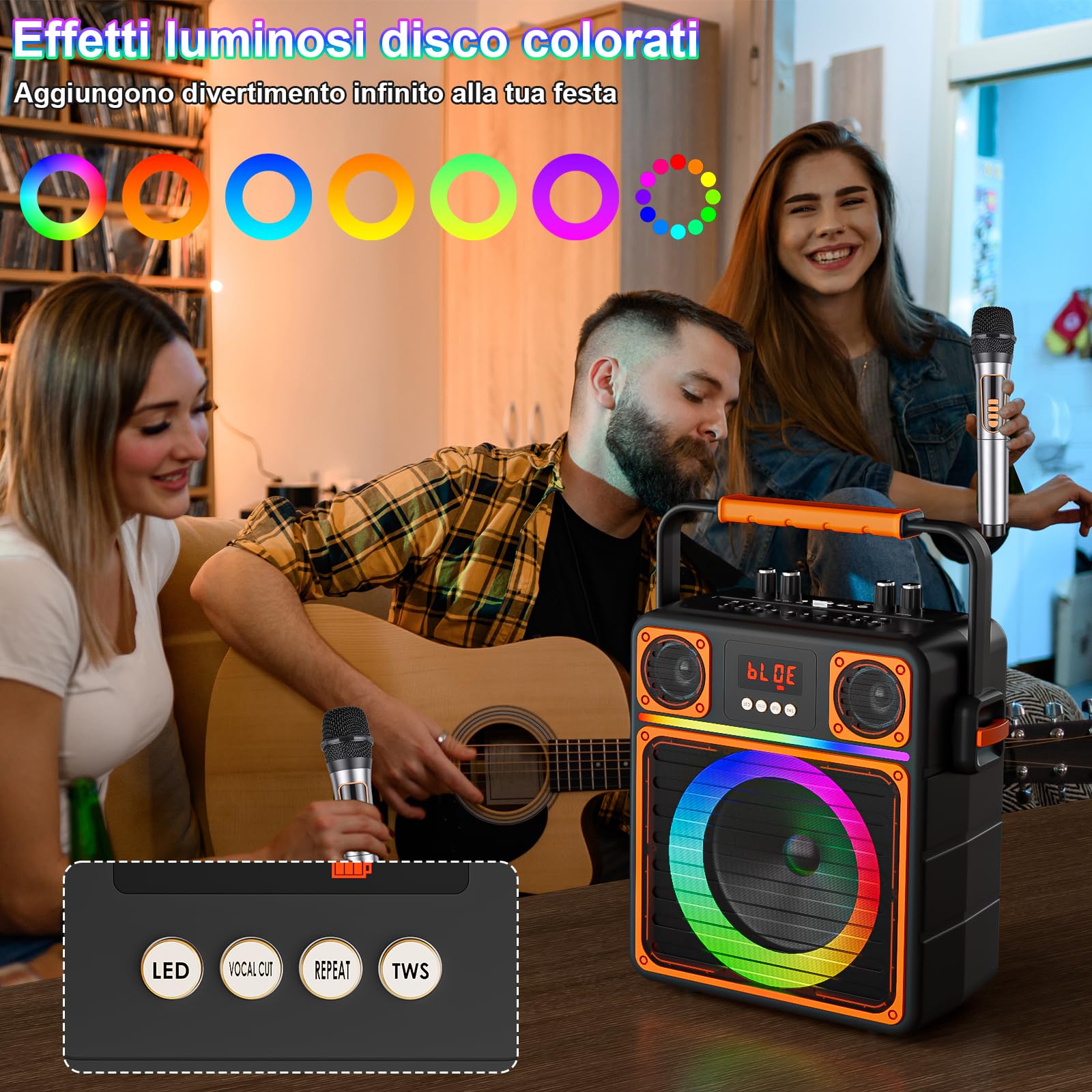 GuKKK - Altoparlante Karaoke con 2 microfoni senza fili, portatile, per adulti e bambini, sistema audio per feste con luci Disco,supporta TWS/FM/AUX/USB/TF