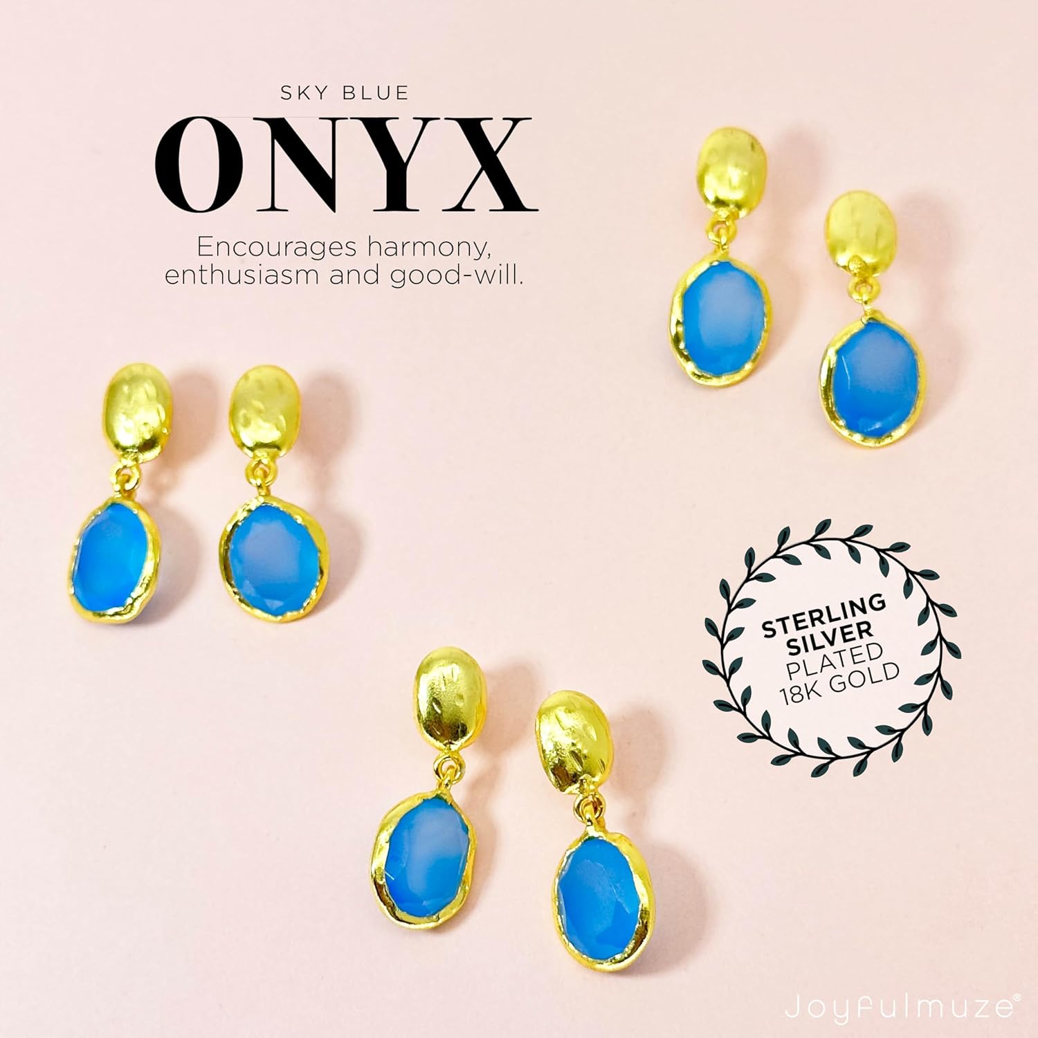 Genuine Black Onyx Rose Quartz Ruby Green Aqua Blue Onyx Dangle Drop Earrings, 925 Sterling Silver 18K Gold Plated, Handmade Textured Post Back Jewelry, Elegant Birthday Gift for Women