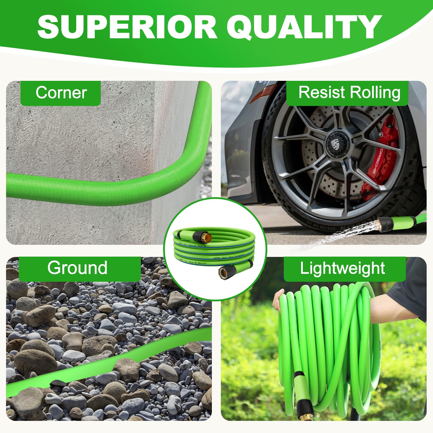 YOTOO Tubo da giardino ibrido resistente, 1,9 cm x 150 m, 150 PSI, resistente alle pieghe, flessibile con impugnatura girevole e raccordi in ottone massiccio da 1,9 cm, verde + blu