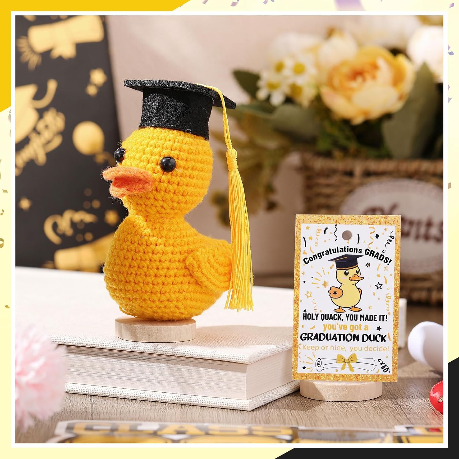 Gerrii 3 Pack 2026 Graduation Gift Grad Crochet Duck Decoration with Congratulation Cards Organza Bags Graduation Gifts for Her Him Middle High School College Grad Party Favors(Gold)