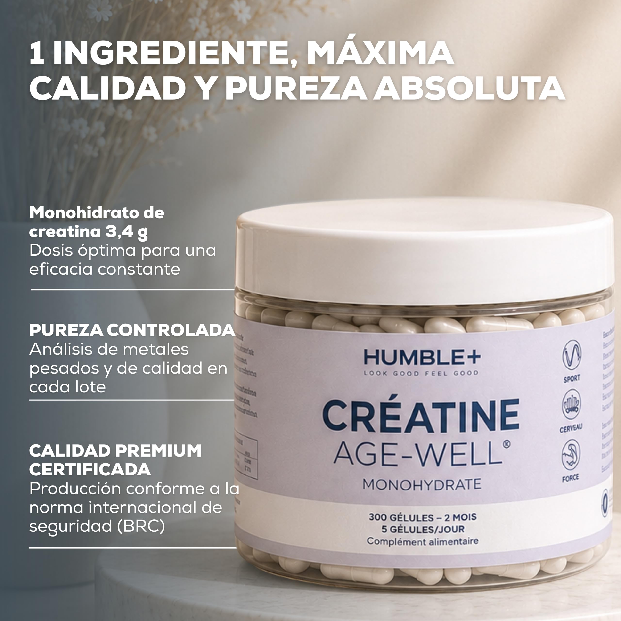 HUMBLE+ Creatina Monohidrato Age-Well® Cápsulas - 300 Cápsulas - 2 Meses