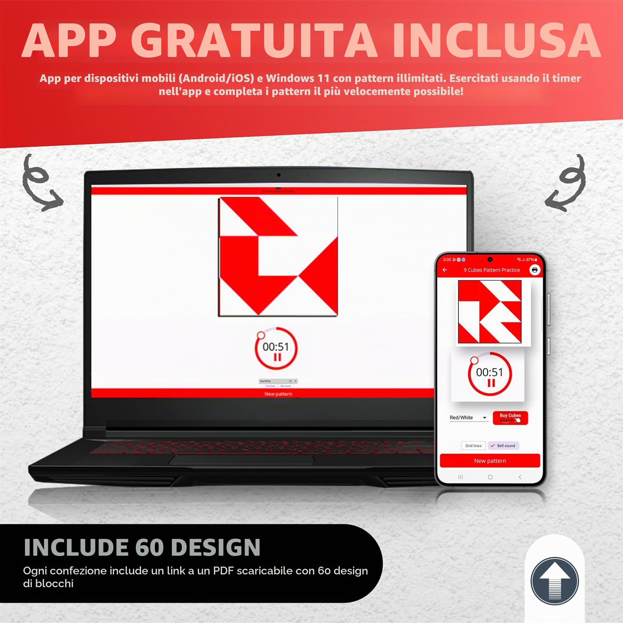 PrfcNL Blocchi di Prova IQ - 9 Cubi in Legno Bianco e Rosso con 60 Modelli e App Mobile, Ideali per WISC, WAIS, Prep WPPSI, Giocattolo Regalo Montessori Educativo STEM per Tutte le Età