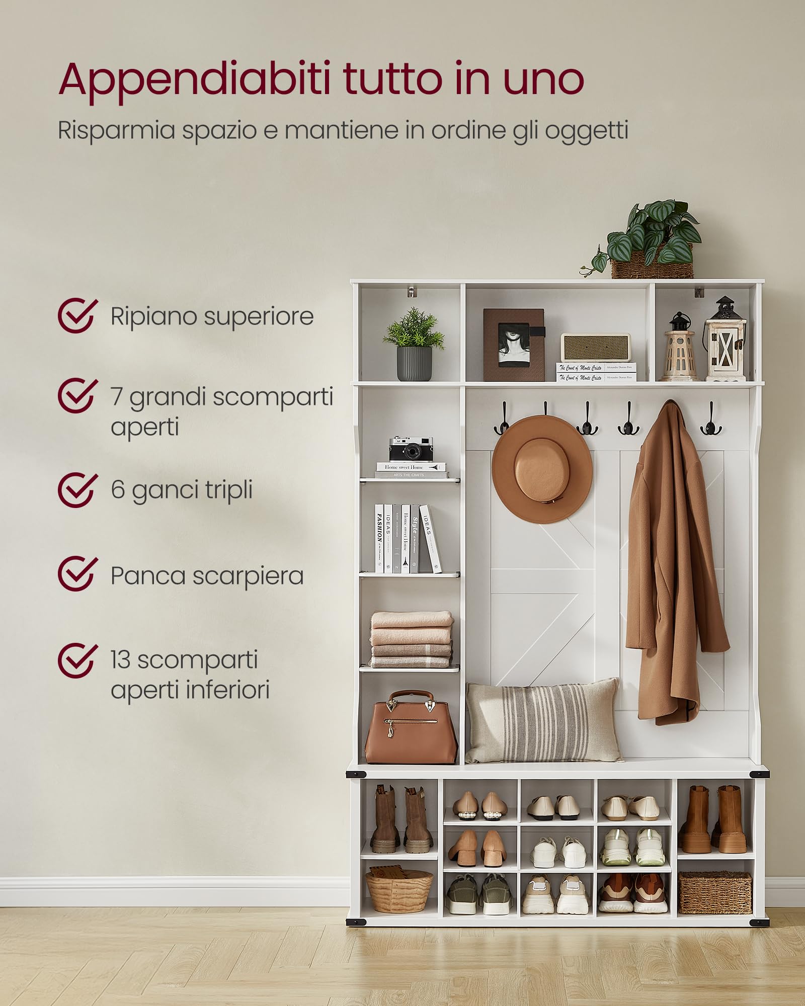 VASAGLE Appendiabiti Ingresso con Panca Scarpiera, Mobile Ingresso da Terra, Ripiani Regolabili, 20 Scomparti Aperti, 6 Ganci Tripli, Salvaspazio, Entrata Corridoio, Bianco Nuvola HSR440W03