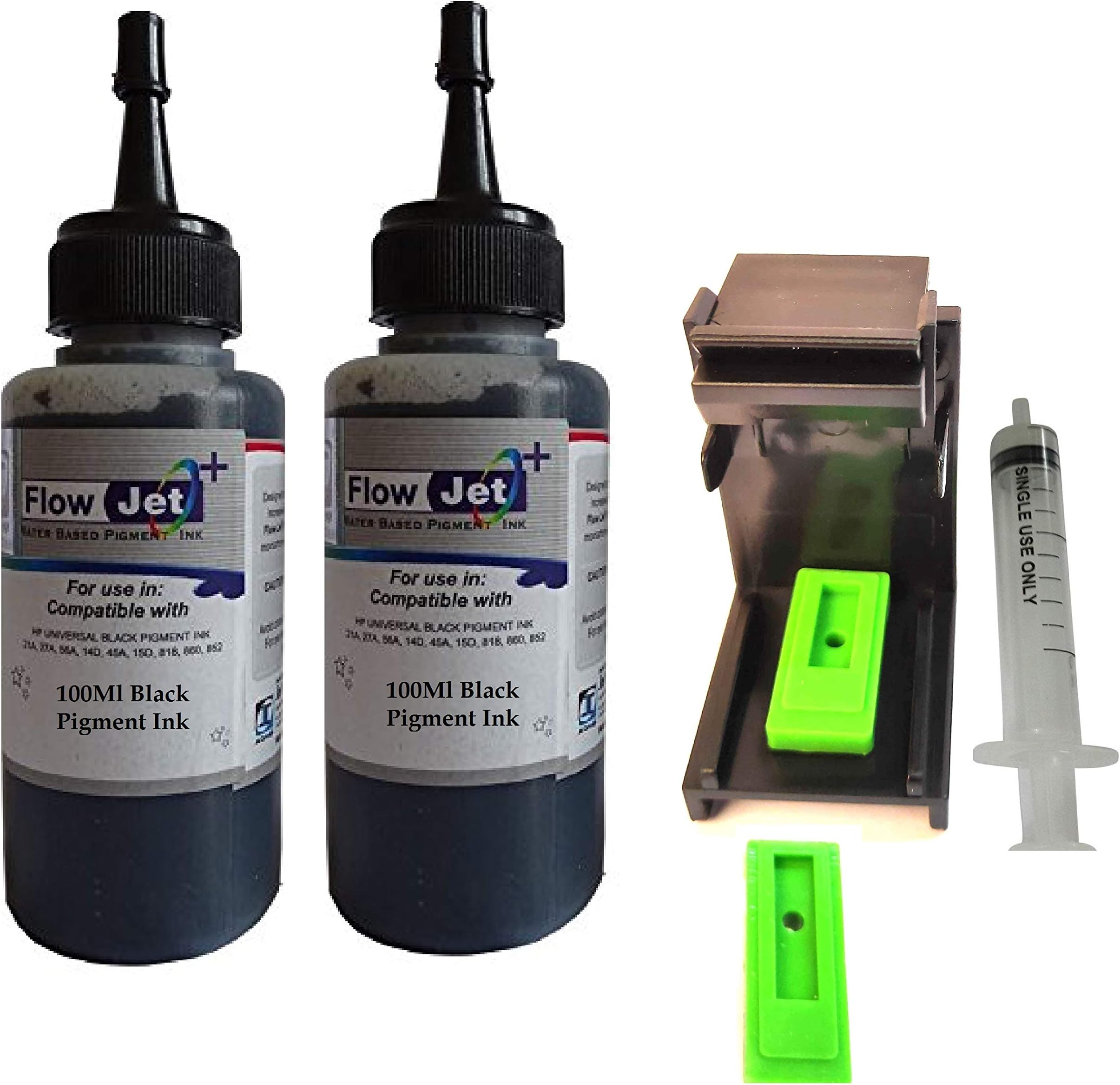 Flowjet Black Pigment Ink for HP 802 803 678 680 with Suction Toolkit, 2 X 100ML Ink Bottle