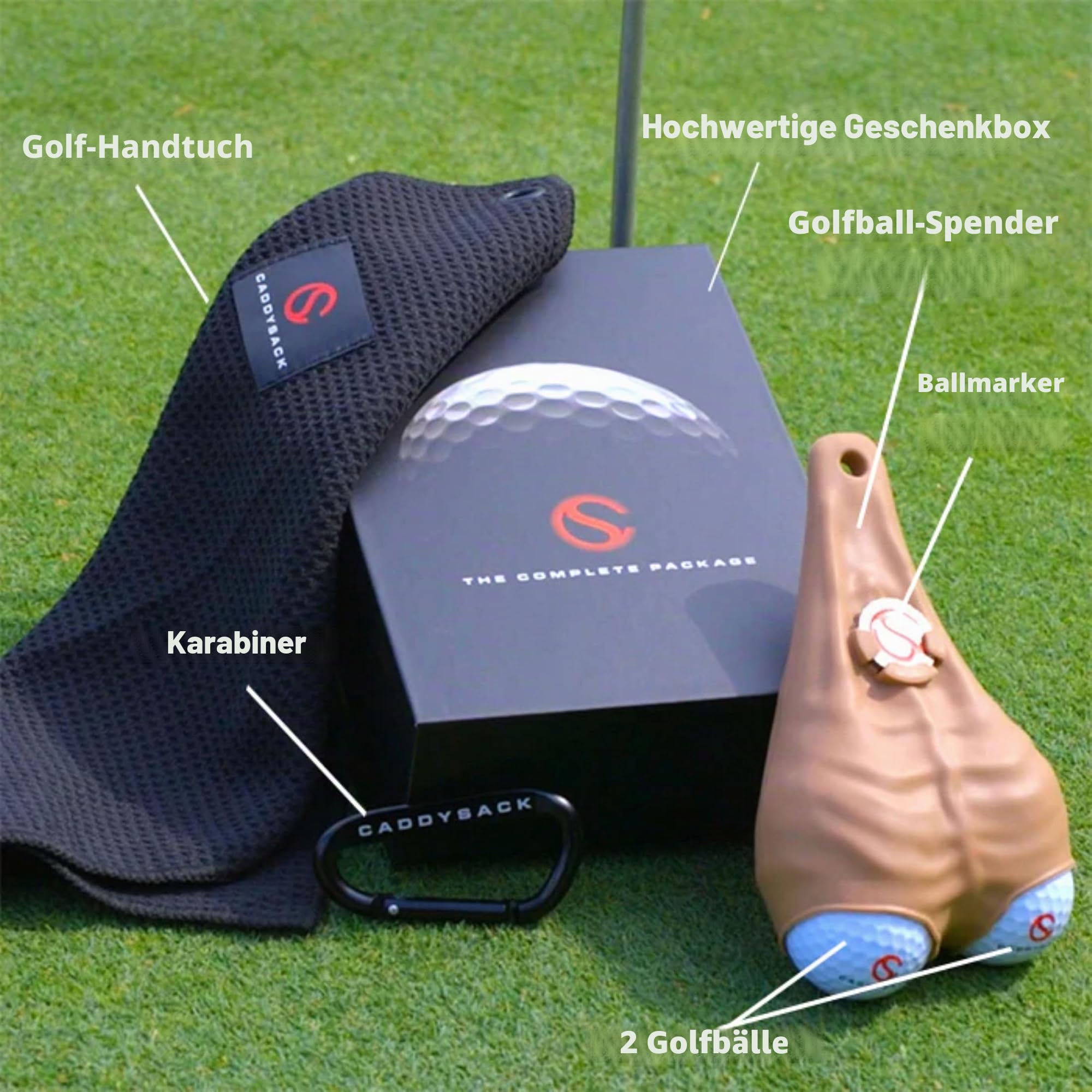 CADDYSACK Golfballhalter und Spender mit Golf-Handtuch, 2 Golfbälle, Golfballmarker, Karabiner, Geschenkbox – lässt Sich leicht an Golftasche, Gürtel oder Wagen befestigen – lustiges und funktionales