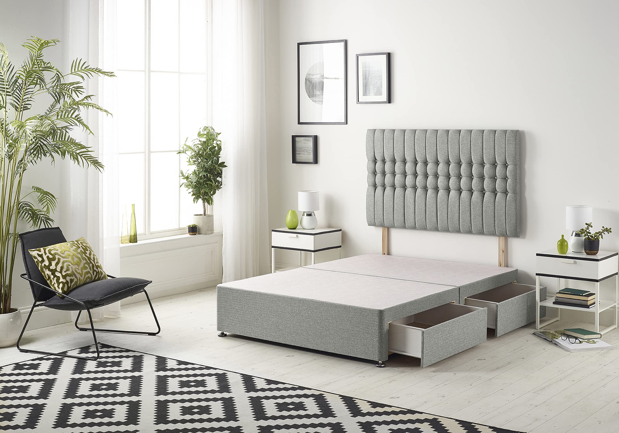 Bed Centre Galaxy Grey Fabric Divan Base Drawers And Headboard. Size 3FT 4FT 4FT6 5FT 6FT Choose Delivery Day And Date At Checkout (4FT Small Double, Base No Drawer With Headboard)
