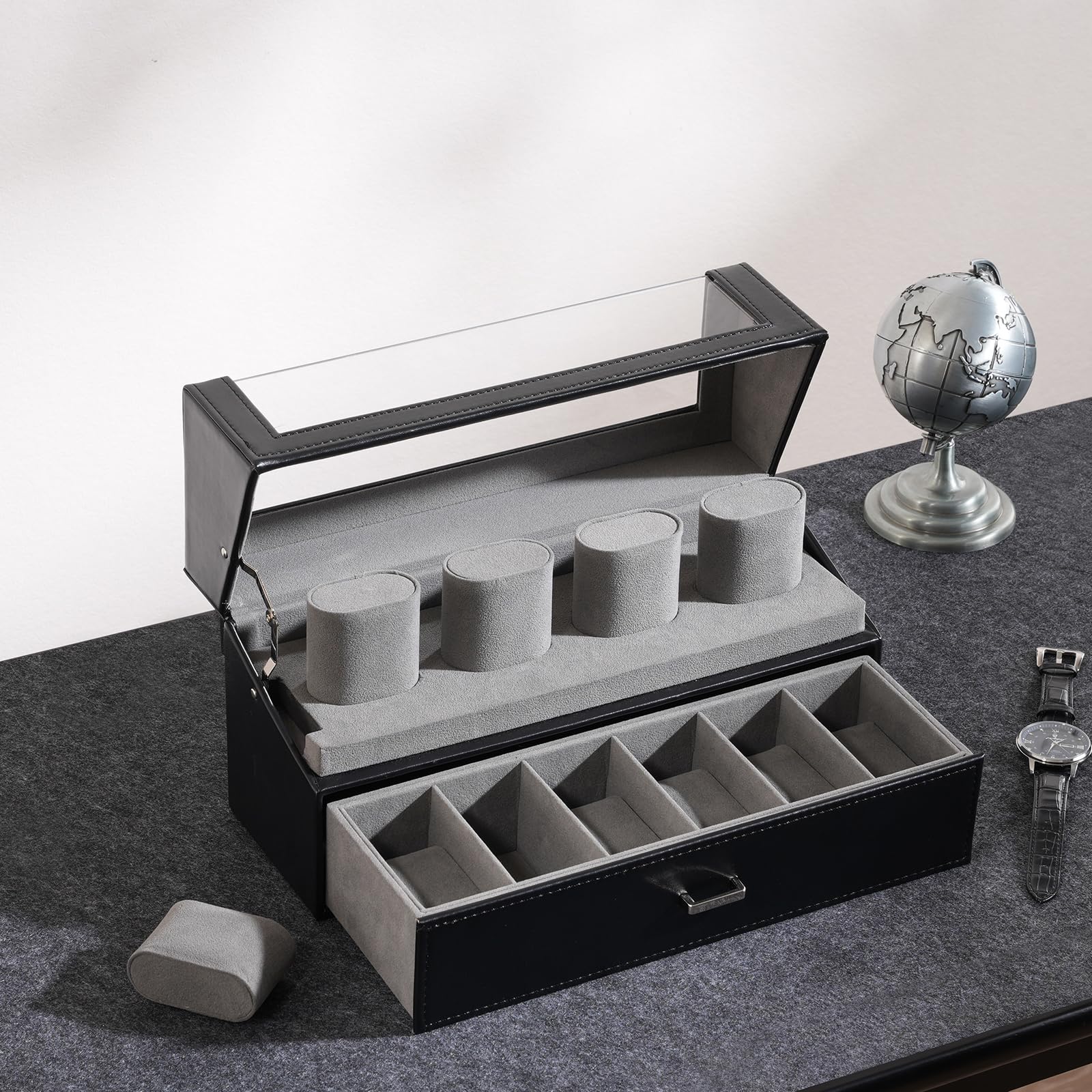 ProCase Caja para Relojes, Estuche Expositor 10 Ranuras con Tapa Acrílica, Organizador de 2 Niveles con Cajón, Soporte para Relojes de Hombre y Mujer - Negro