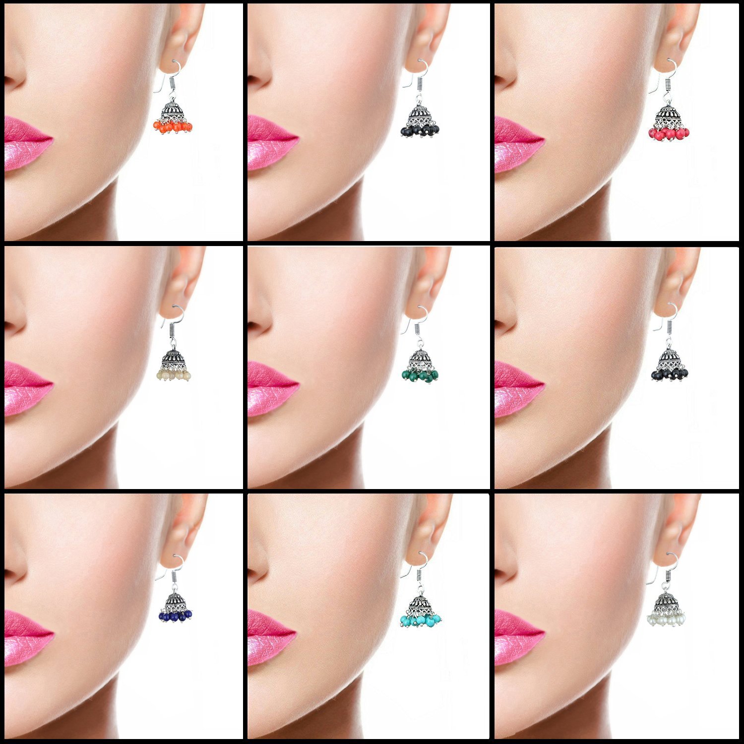Multicolor Brass Oxidized Jhumki Earrings - Combo of 9