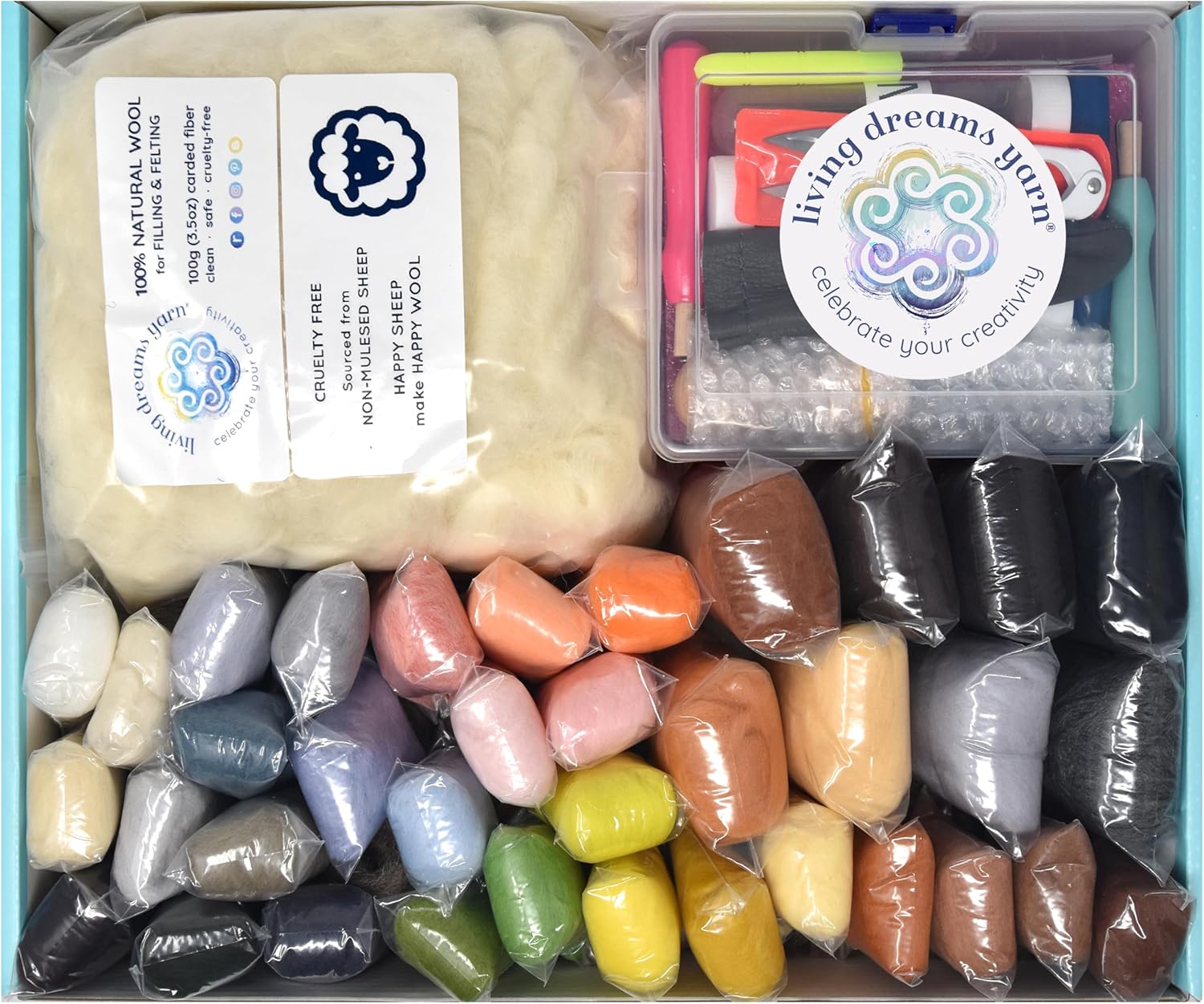 Living Dreams Yarn Needle Felting Starter Kit XL Deluxe Includes Animal Colored Wool, Core Wool, Full Set of Needles and Tools, Text and Video Guide. Complete Craft Kit for Beginners, Adults