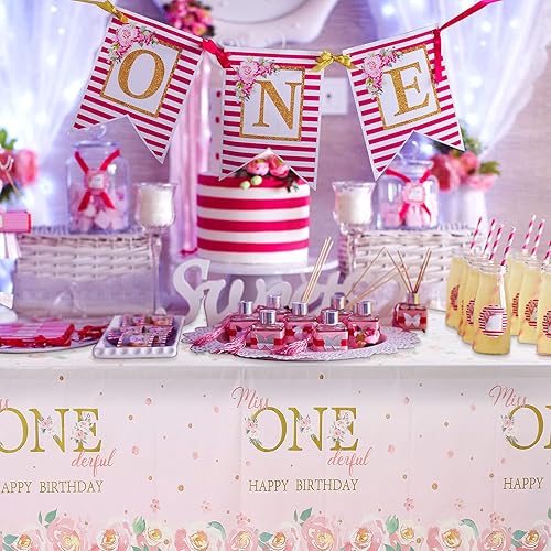 Miniatura 7 de Tatuo Mantel de 3 piezas para fiesta de primer cumpleaños, mantel desechable de plástico con diseño floral de Miss Onederful para niños, suministros