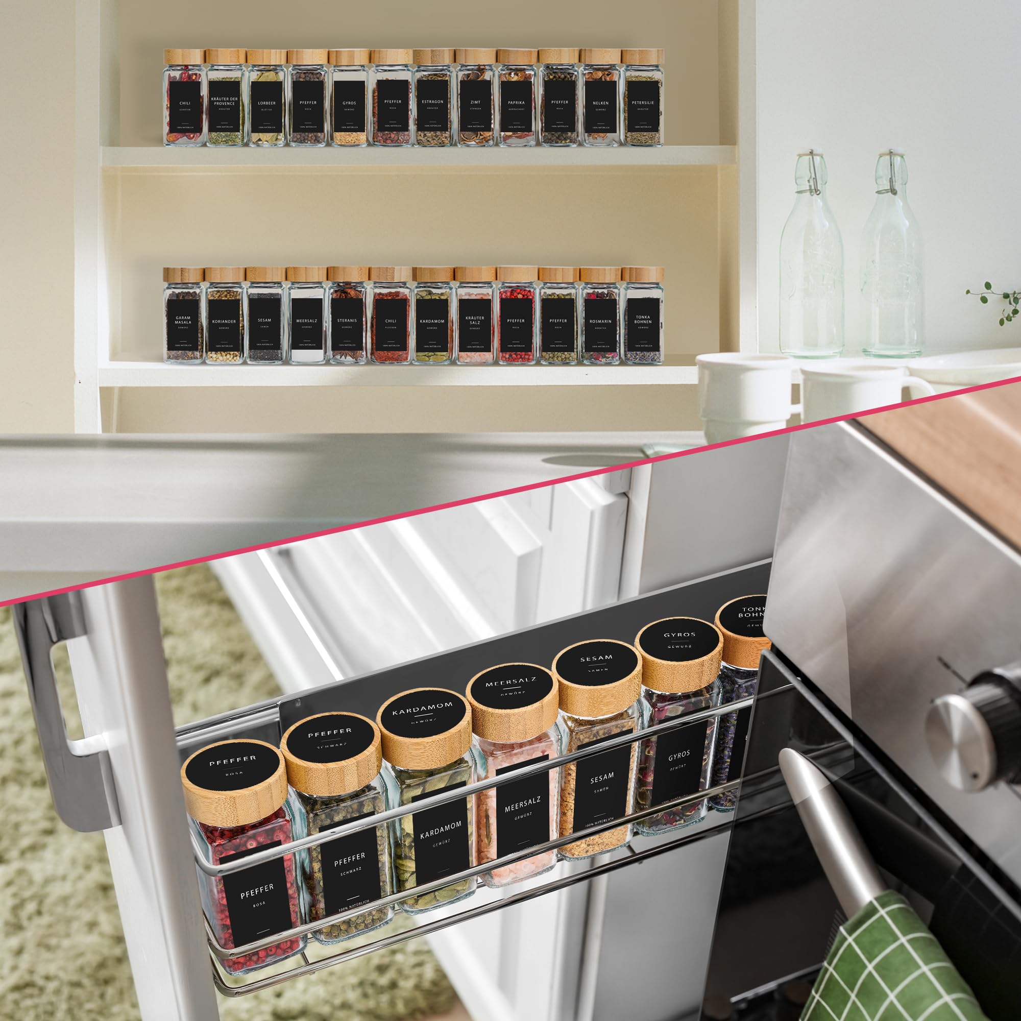 Lot de 6 pots à épices carrés de 120 ml avec saupoudreur, couvercles en bambou, étiquettes en noir, pour ranger les épices, pots à épices