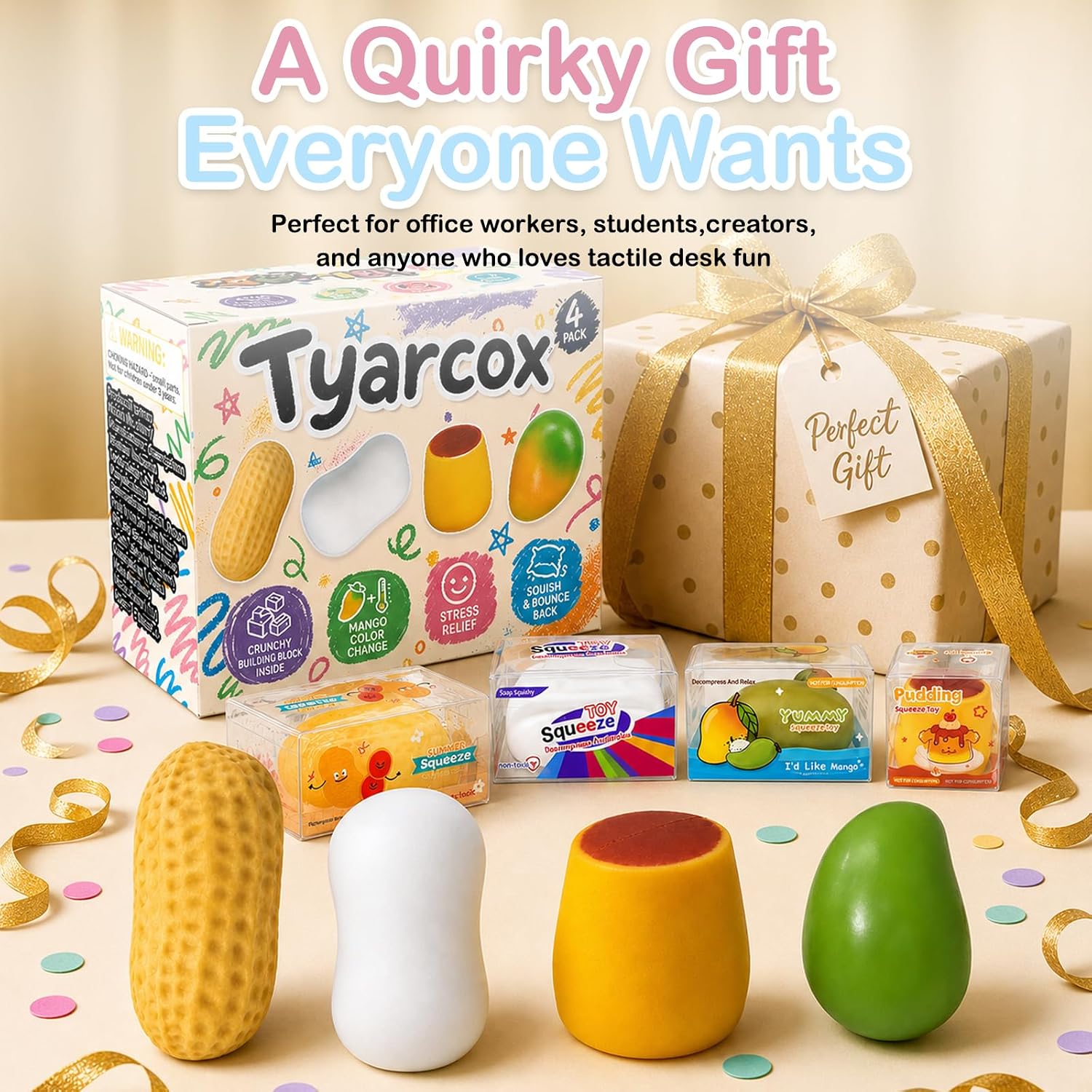 4 Pack Crunchy Squishy Stress Ball, Mango Pudding Peanut & Soap Block Flake Filled ASMR Fidget, Moldable Sensory Squeeze Gift with Premium Box, Party Favors & Gifts