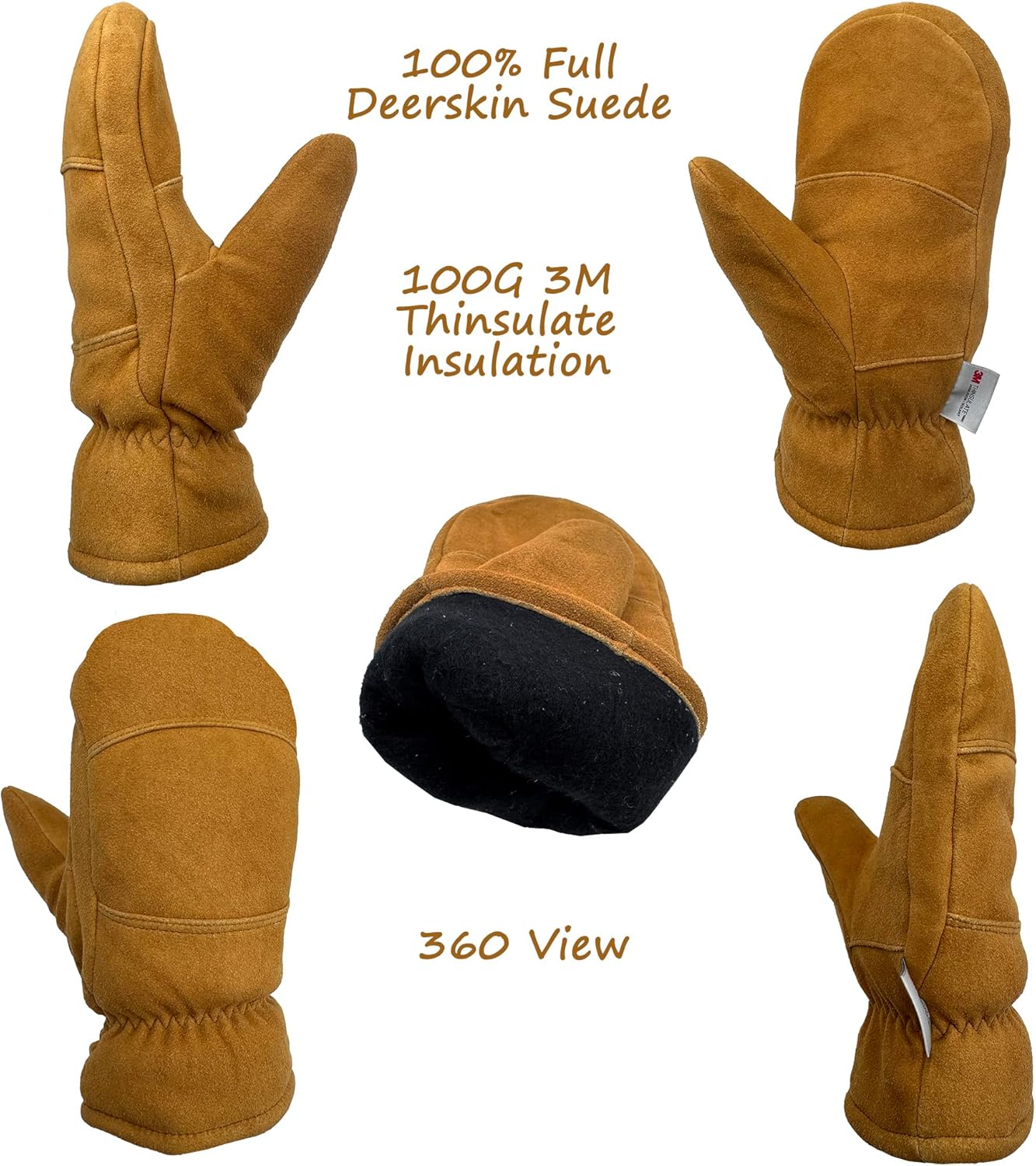 SKYDEER Premium Full Deerskin Suede Leather Soft Winter Mittens, Extra Warm 100G 3M Thinsulate, Thermal Insulated (SD3671M) - Image 3