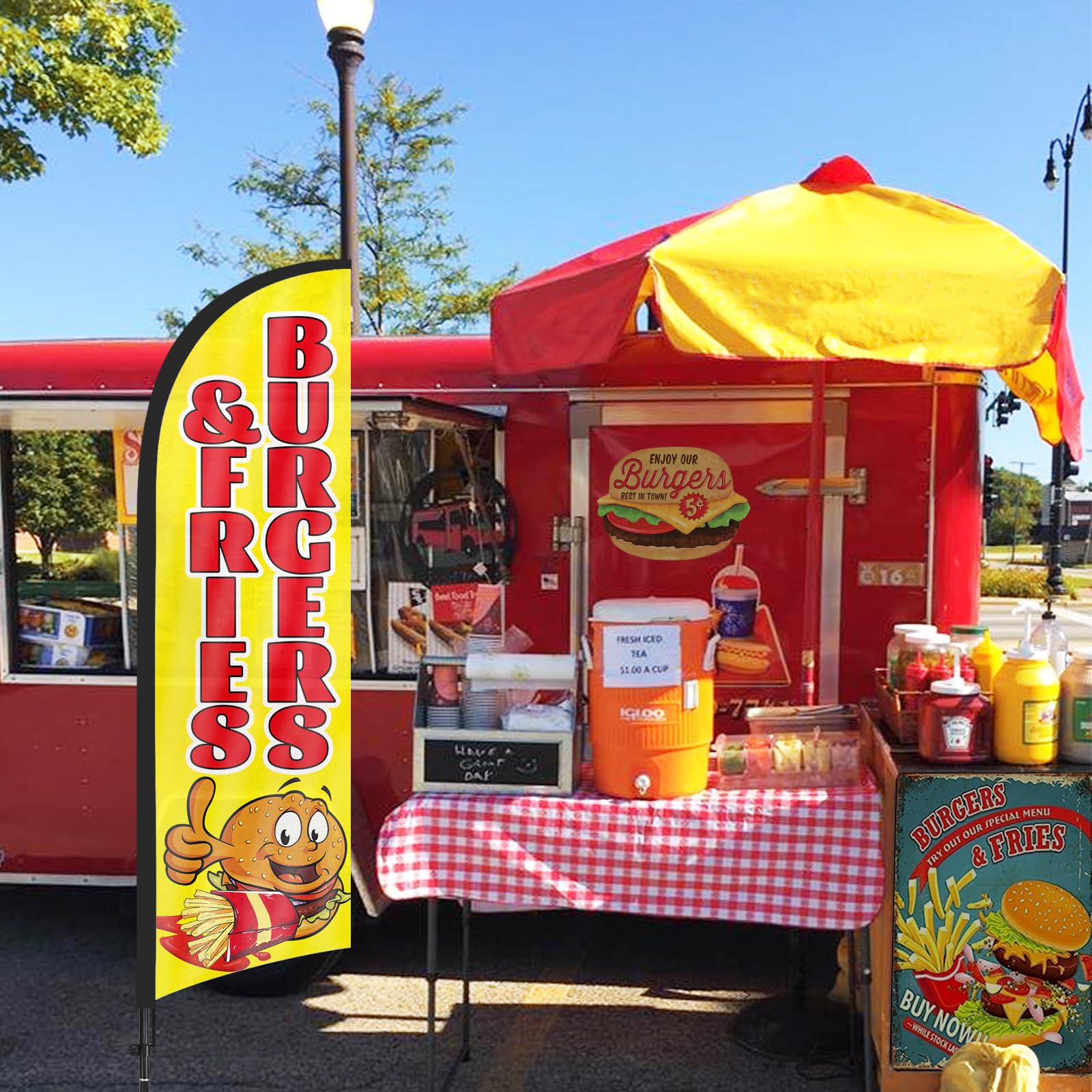 Drapeau à plumes pour hamburgers frites avec kit de mât et piquet de sol, 2,7 m, bannière de drapeau sans vent, pour publicité extérieure