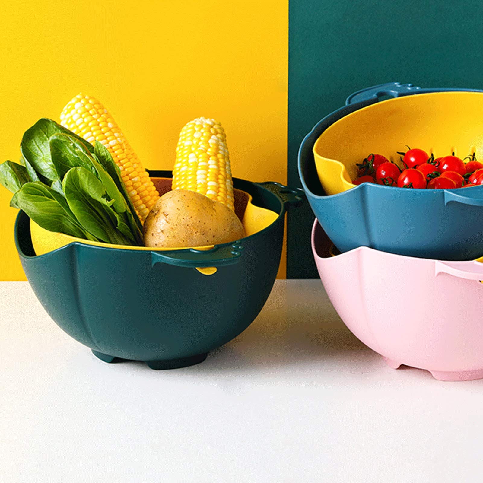 Coladores de 2 en 1 y colandes plástico plástico colador Giratorio Canasta de Drenaje para Lavar Frutas Veggie y arroz (Azul) (Color : Blue)
