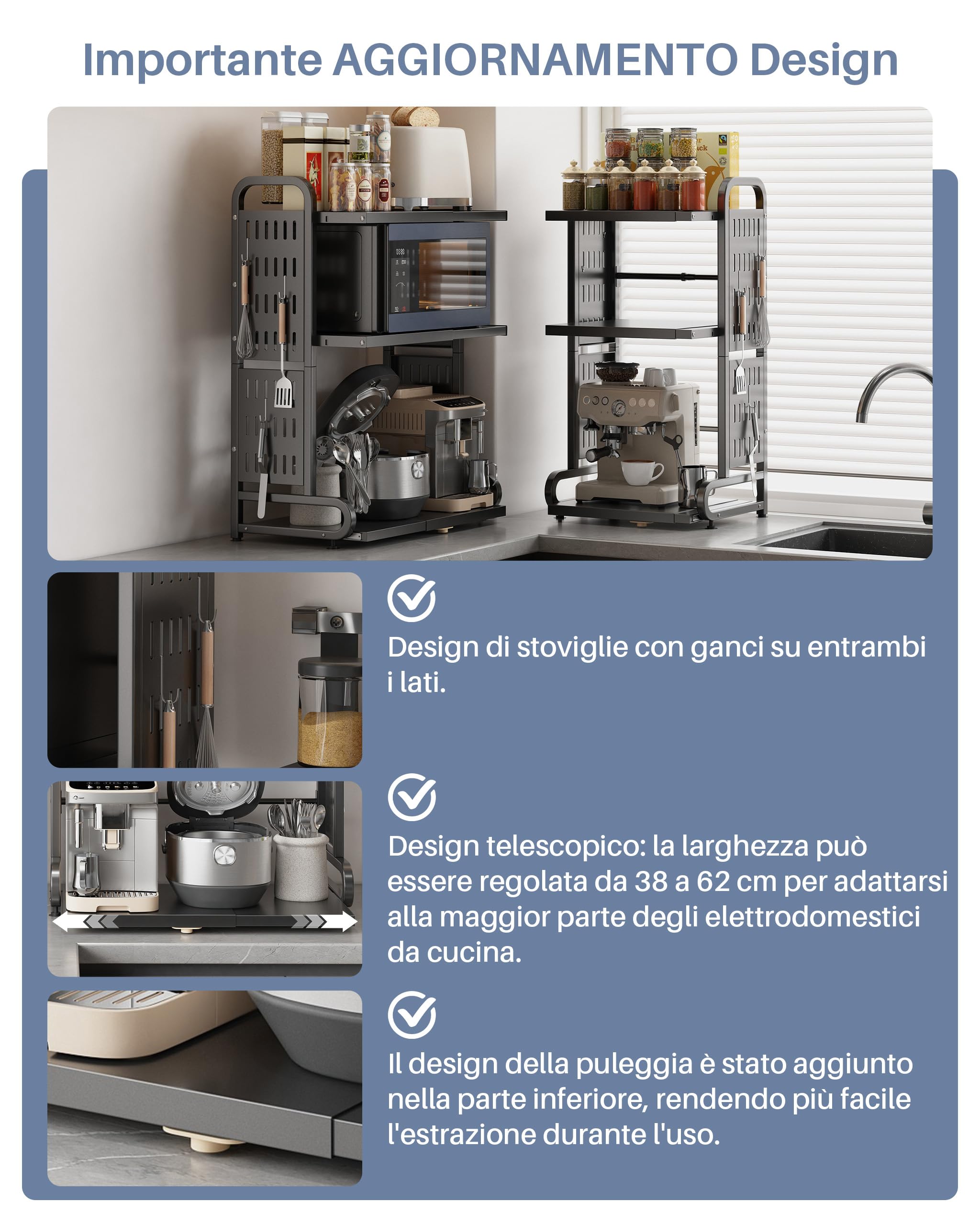 Scaffale Estraibile per Microonde con Cassetto, 3 Ripiani e 6 Ganci Metallici, Supporto per Friggitrice ad Aria e Teglie, Scaffale da Cucina Nero