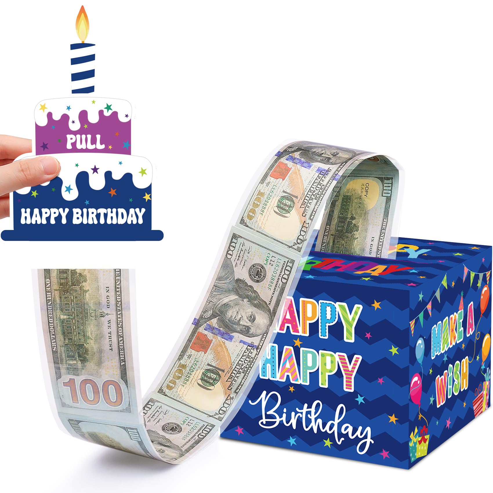 Birthday Money Box for Cash Gift Pull, Surprise Gift Boxes for Money, Money Holder Box with Pull Out Happy Birthday Card and 50Pcs Transparent Bags, Money Gift Ideas for Kids and Adults