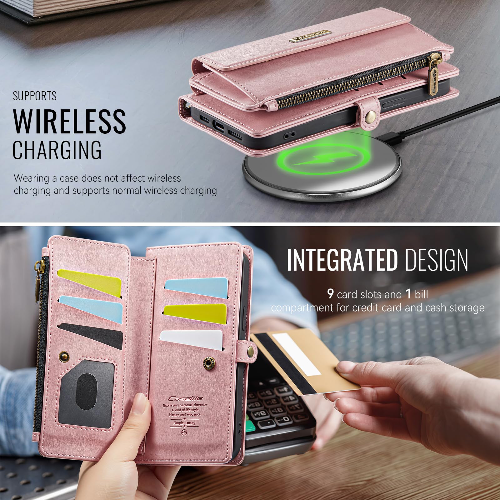 Etui portfelowe na iPhone'a 17 Pro, z 9 przegródkami na karty, blokujące RFID, magnetyczne zamknięcie, kieszeń na rachunki gotówkowe, skóra PU, z paskiem na nadgarstek crossbody, różowe