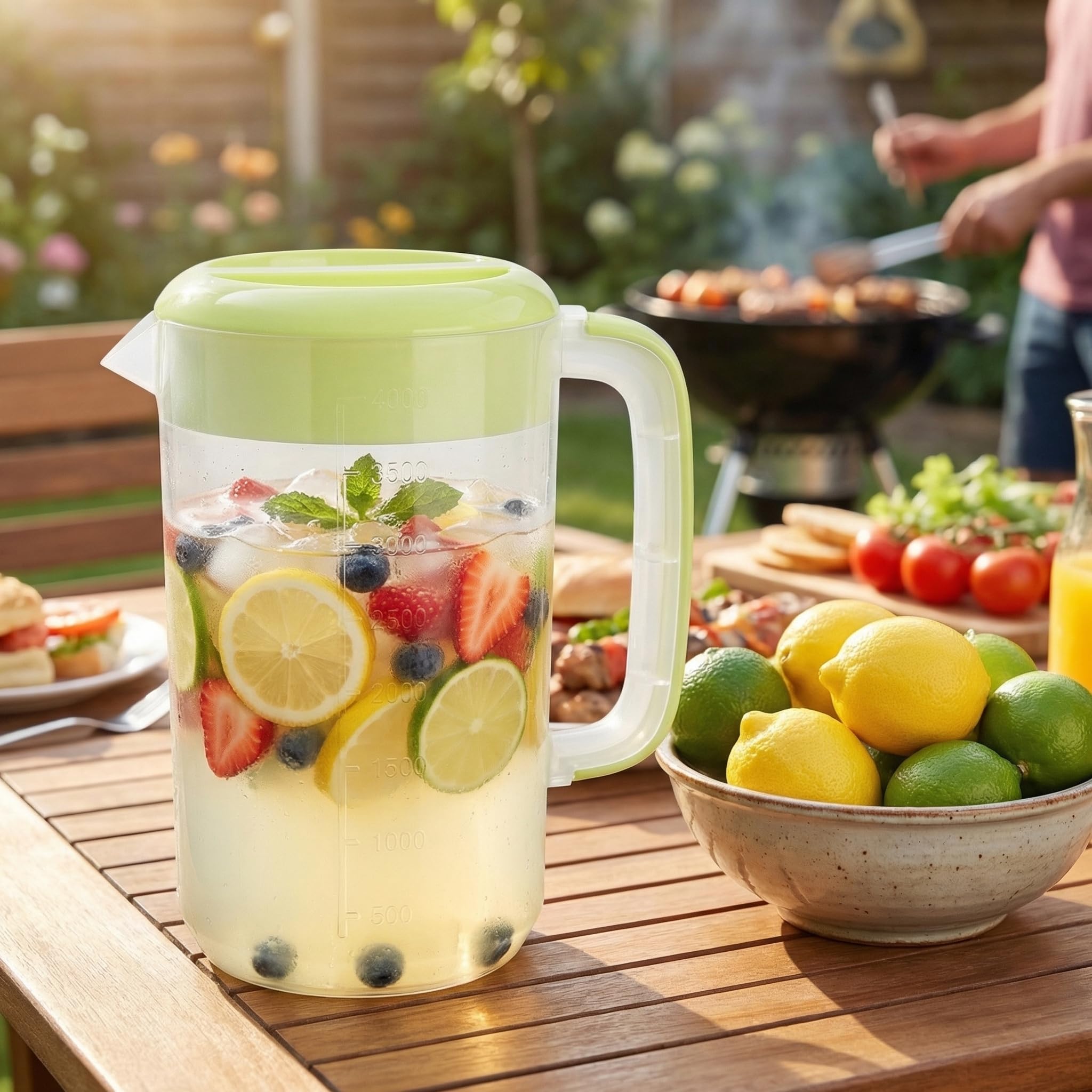 Jucoan 2 Stück 4 l großer Kunststoff-Siebkrug, transparenter Krug für Eistee, Getränke, Wasserkaraffe, Krug mit grünem Siebdeckel, Griffen, Maßen, perfekt für Limonade